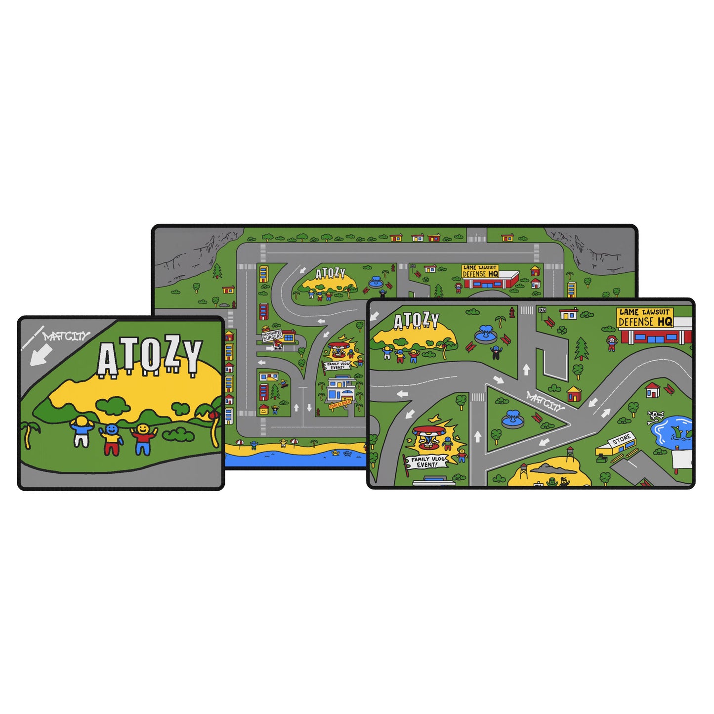 A display of all three Matcity Atozy Mouse Pads (large, medium, and small), showcasing the playful Atozy-themed design with vibrant green, yellow, and gray tones.