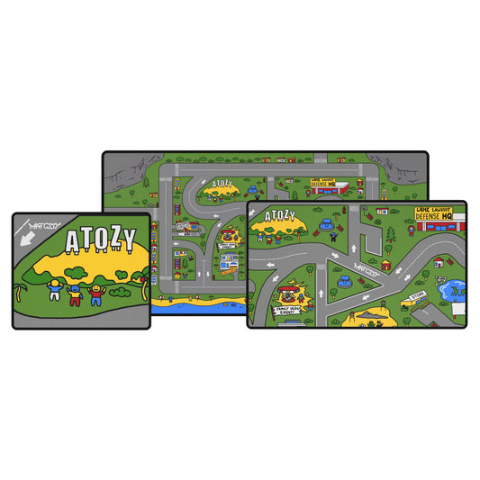 A display of all three Matcity Atozy Mouse Pads (large, medium, and small), showcasing the playful Atozy-themed design with vibrant green, yellow, and gray tones.