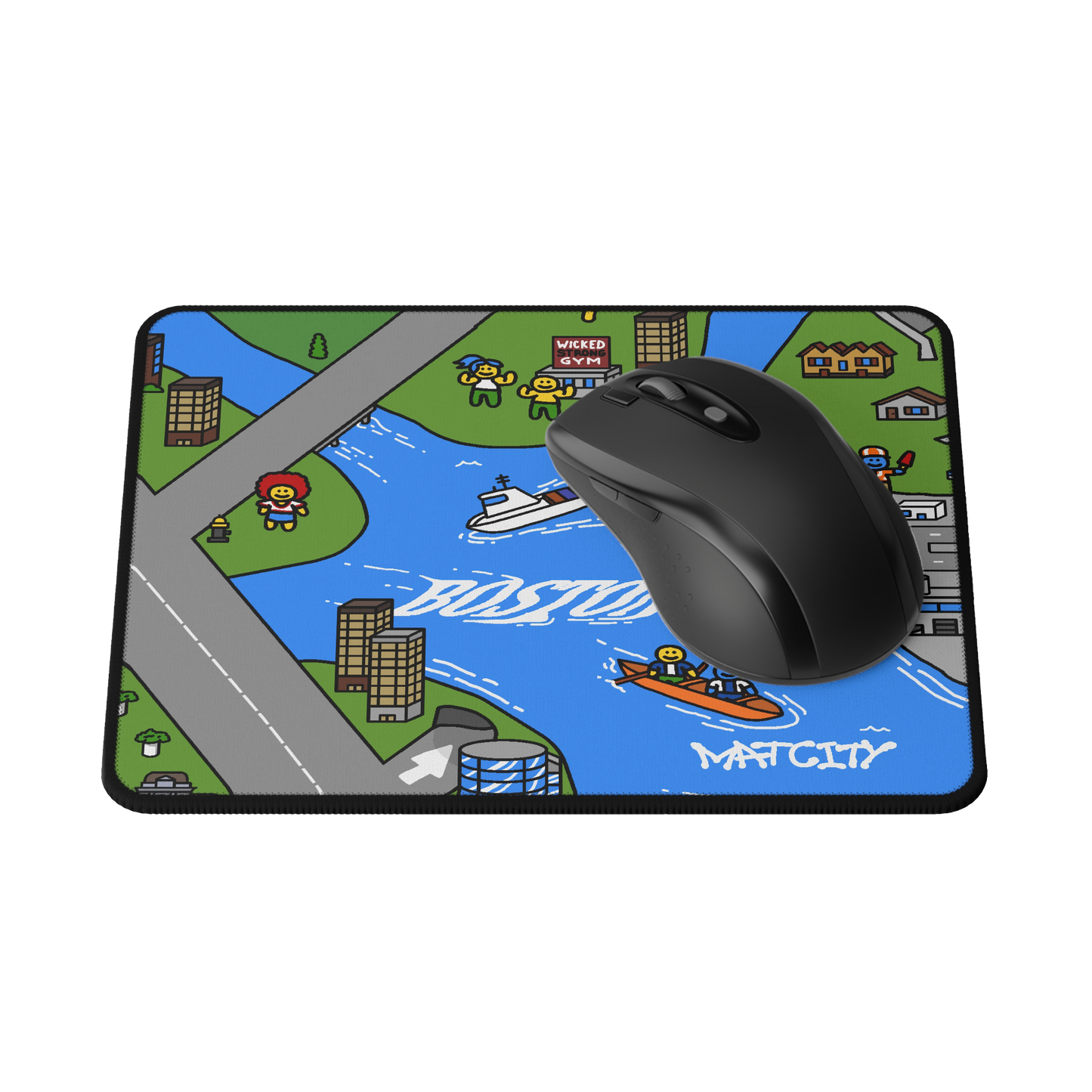The mouse mat with a black wireless mouse resting on it, emphasizing the smooth surface for precise mouse movement.