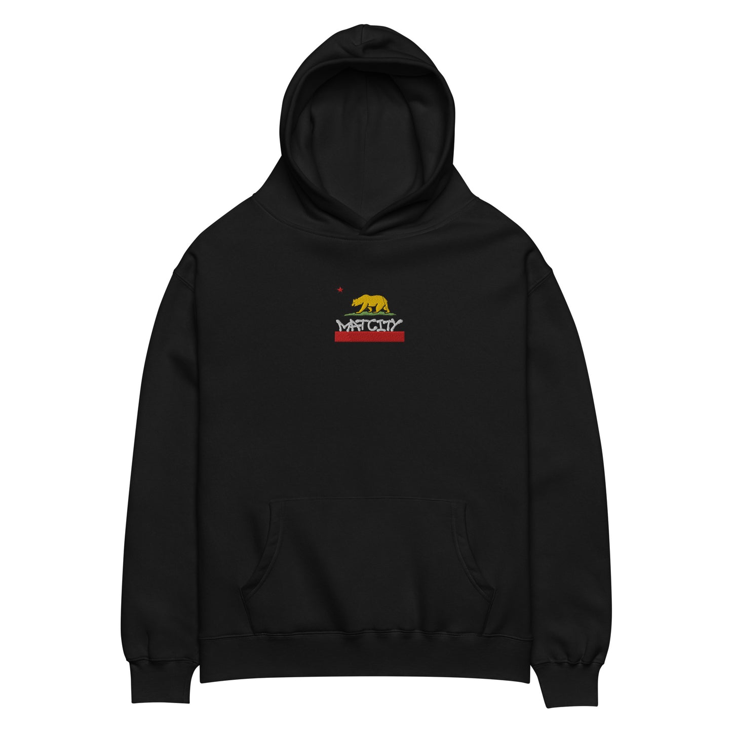 A black hoodie with an embroidered California bear flag design and white Matcity logo beneath a red stripe and small red star.