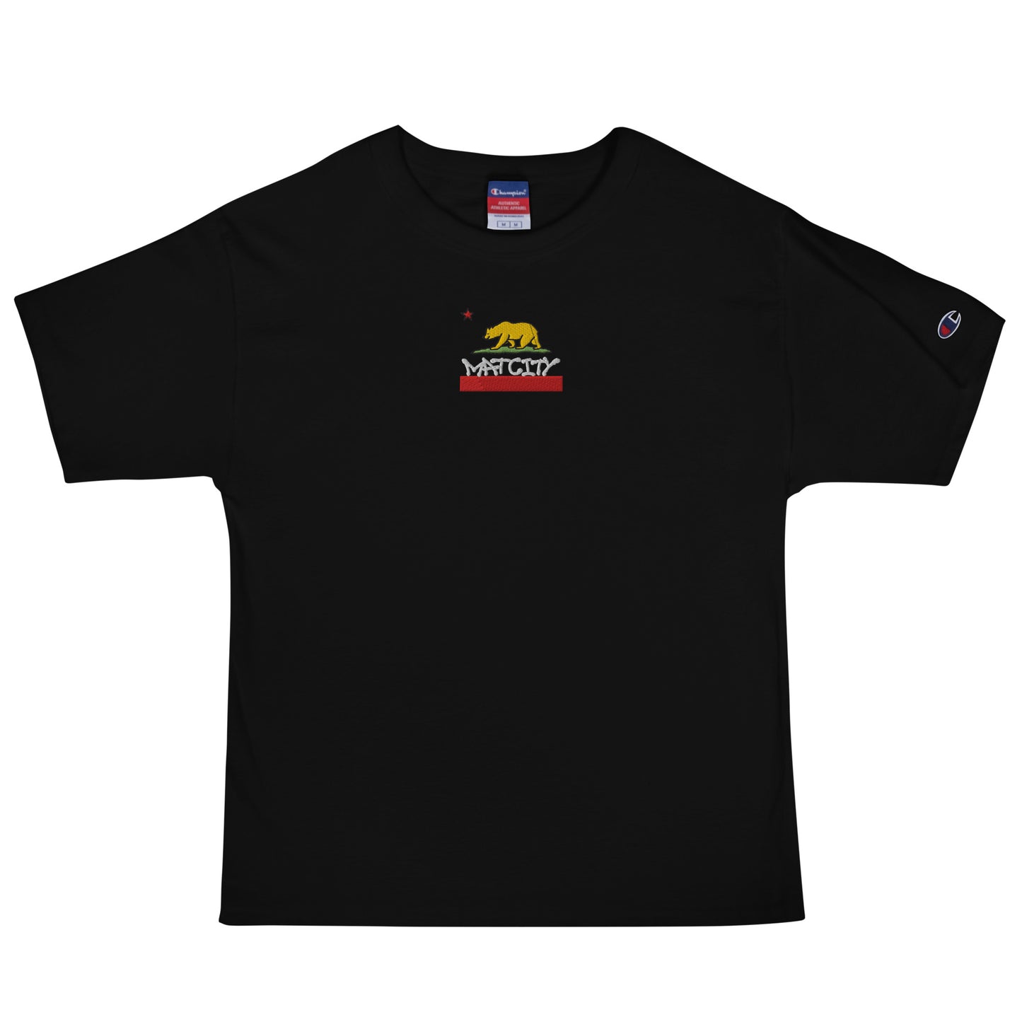 A black T-shirt featuring an embroidered California bear flag design with the Matcity logo, red stripe, and a red star above the bear.