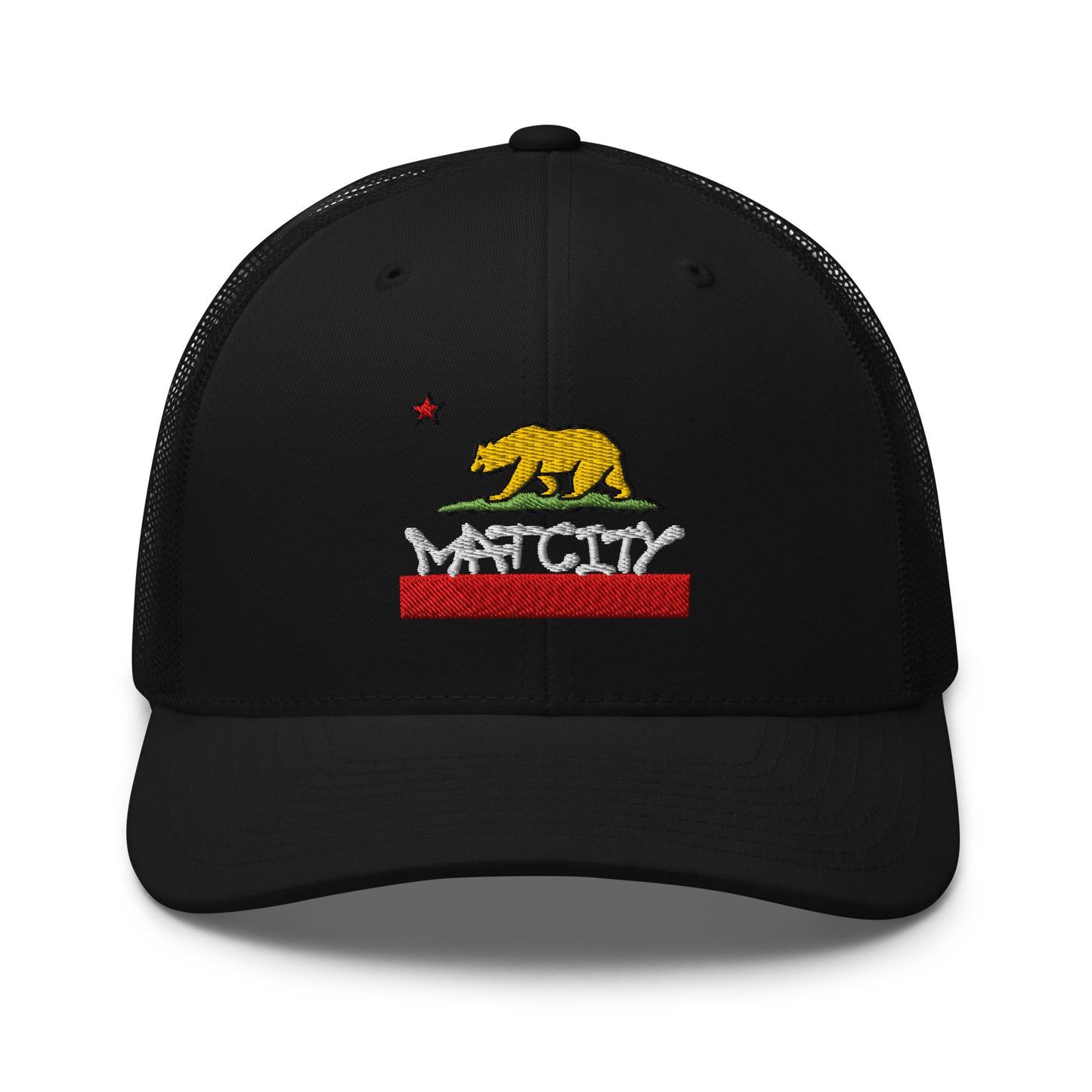 A black trucker cap with mesh backing and an embroidered California bear, red star, and Matcity logo in white and red on the front panel.