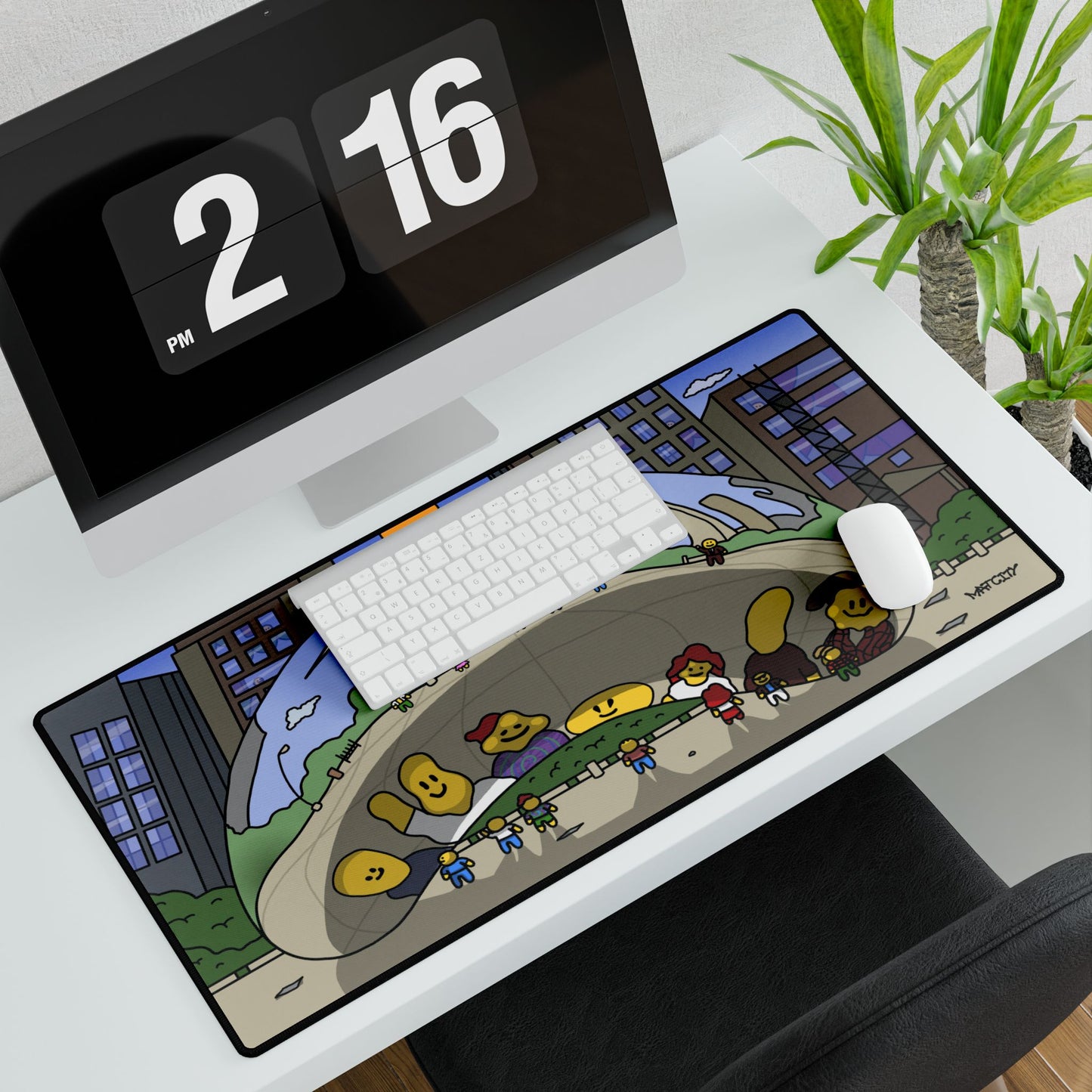 A large Matcity Chicago Cloud Gate mouse pad placed on a modern desk setup, under a keyboard and mouse.