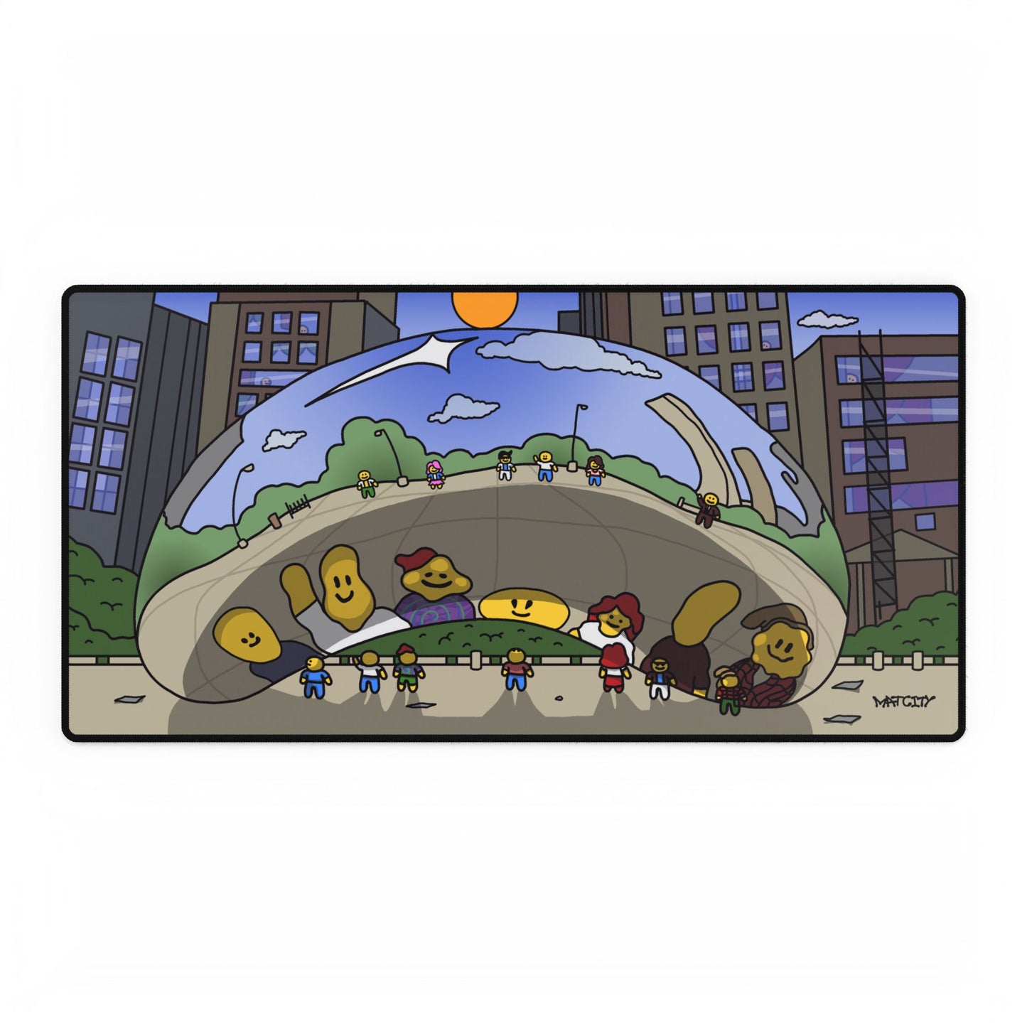 A large Matcity Chicago Cloud Gate mouse pad featuring a colorful scene of "The Bean," with cartoon reflections and Chicago’s skyline in the background.