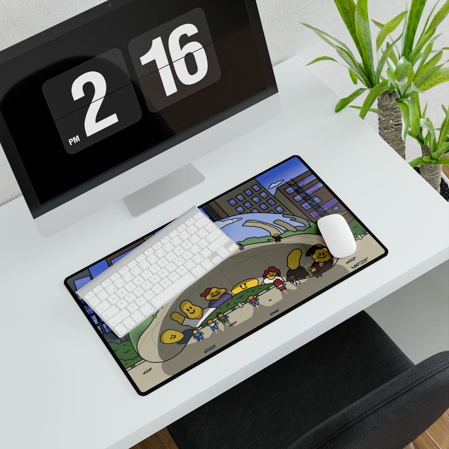 A medium Matcity Chicago Cloud Gate mouse pad on a desk, featuring a keyboard and mouse.