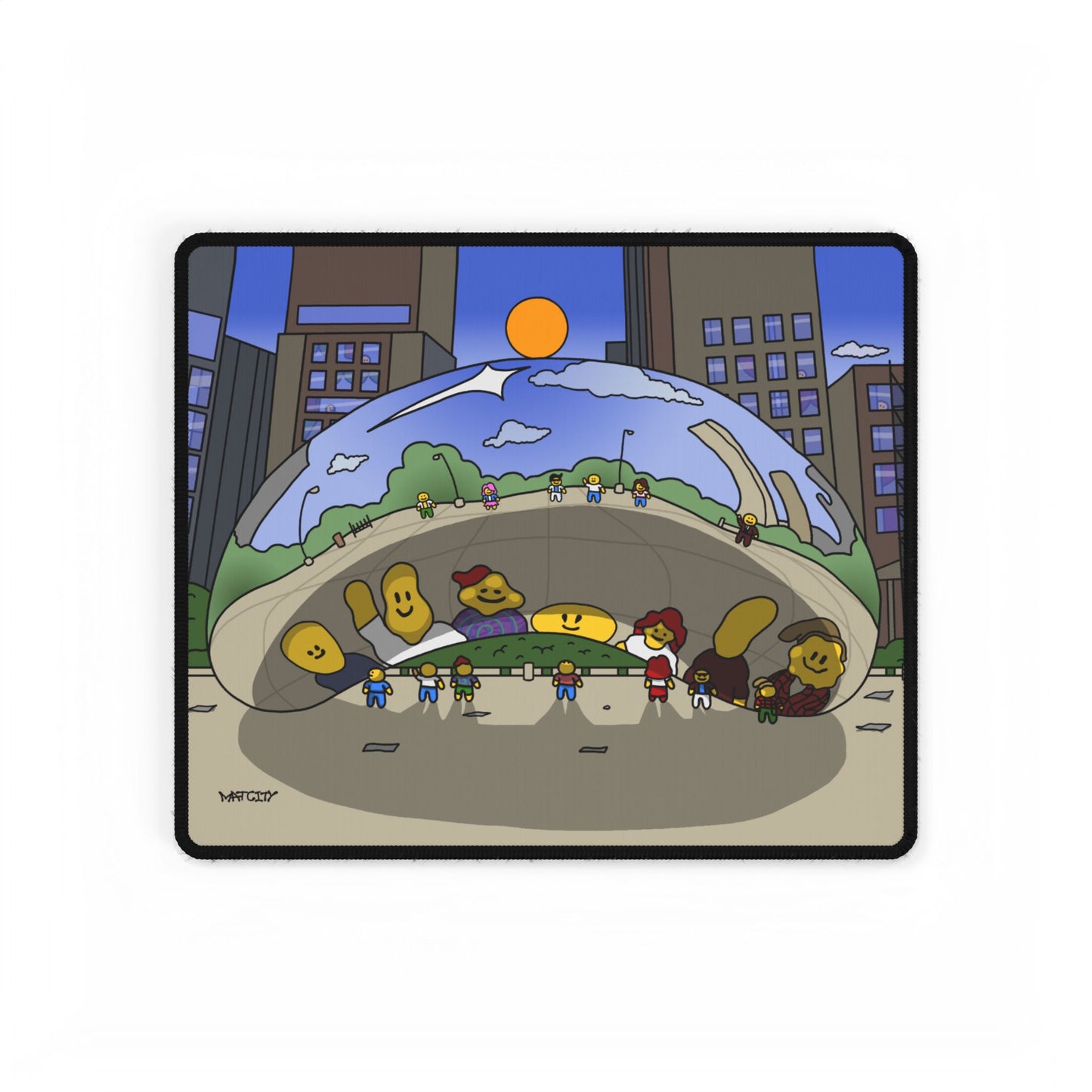 A small Matcity Chicago Cloud Gate mouse pad, displaying the whimsical reflections of smiling figures on "The Bean" with a playful cityscape.
