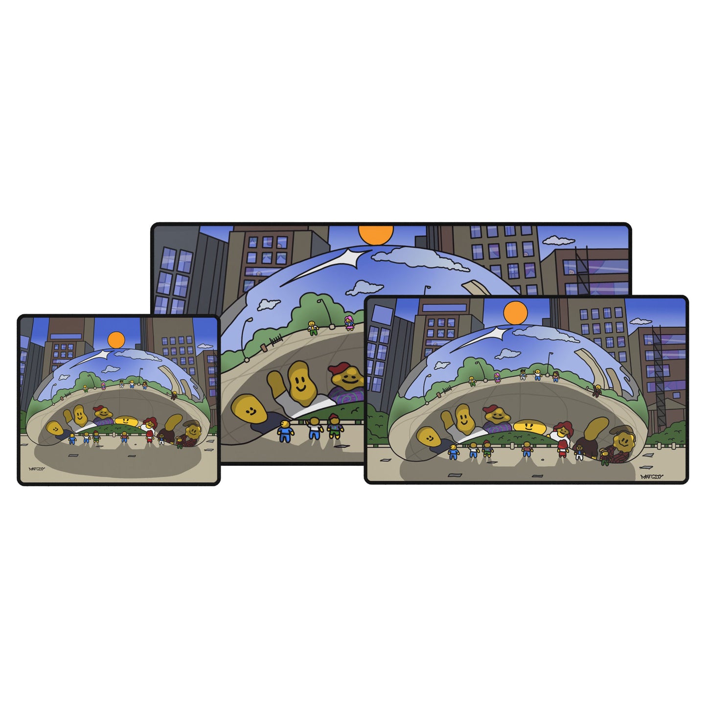 A set of three Matcity Chicago Cloud Gate mouse pads, showcasing a vibrant cartoon illustration of Cloud Gate with smiling reflections and a cityscape in the background.