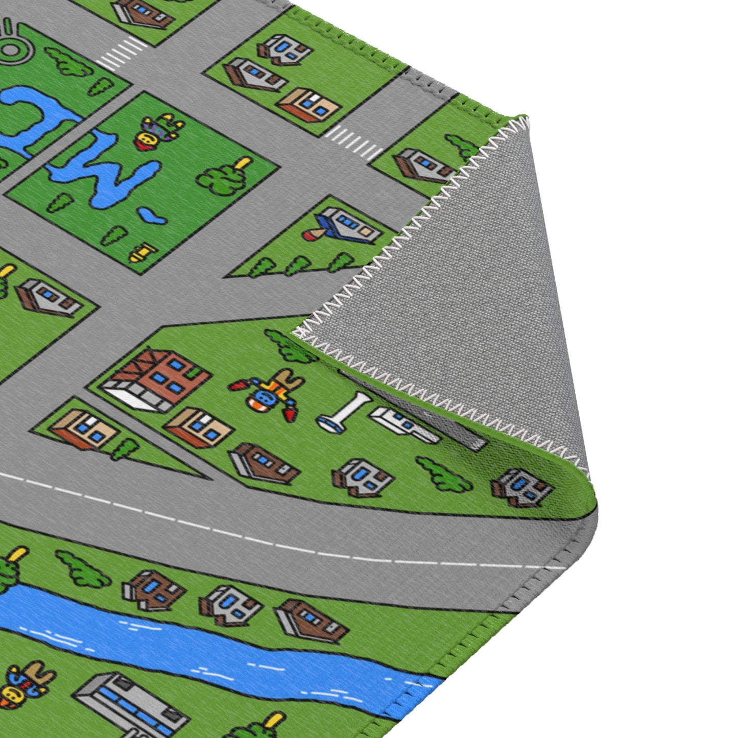 Close-up of the Matcity Chicago Mat corner, displaying precise stitching and vivid city graphics.