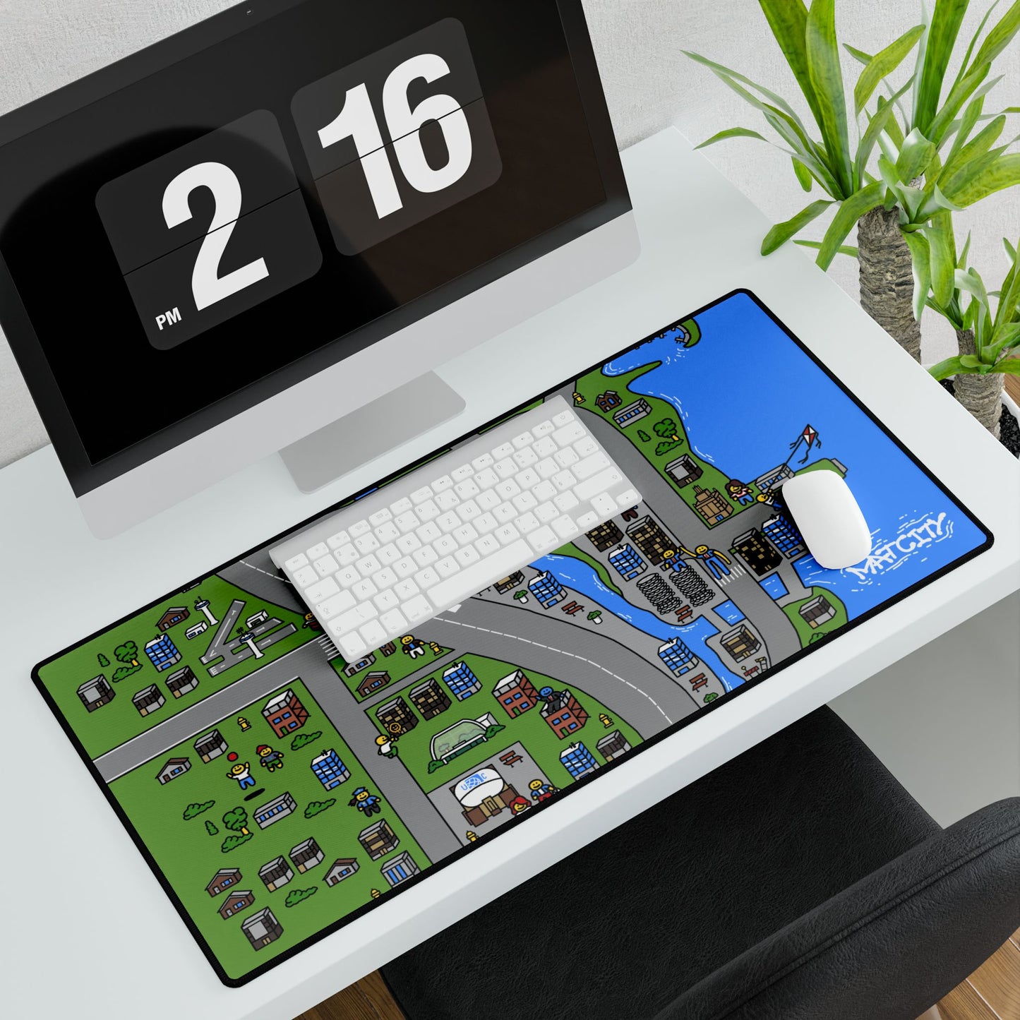 A large Matcity Chicago desk mouse pad placed on a white desk with a monitor, keyboard, and mouse.
