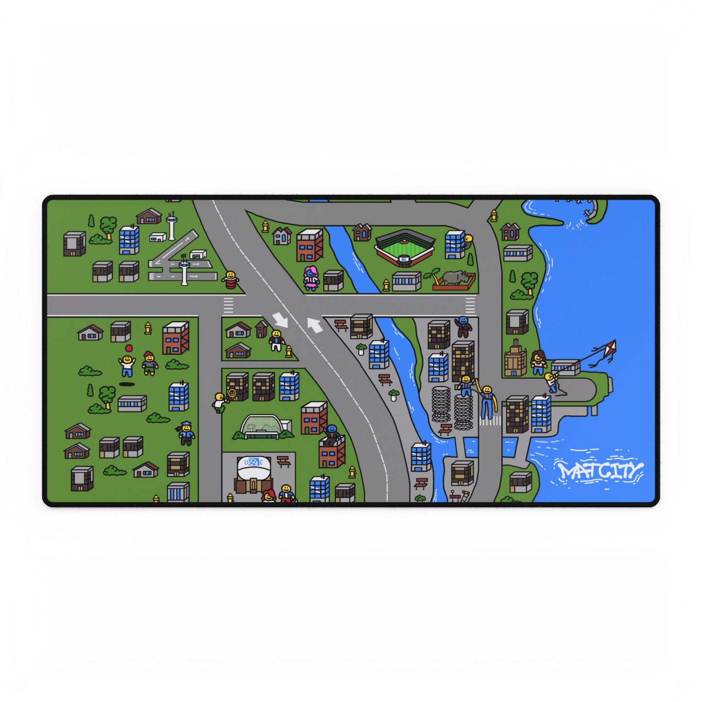 A detailed view of the large Matcity Chicago mouse pad, showcasing a city layout with parks, roads, stadiums, and skyscrapers.