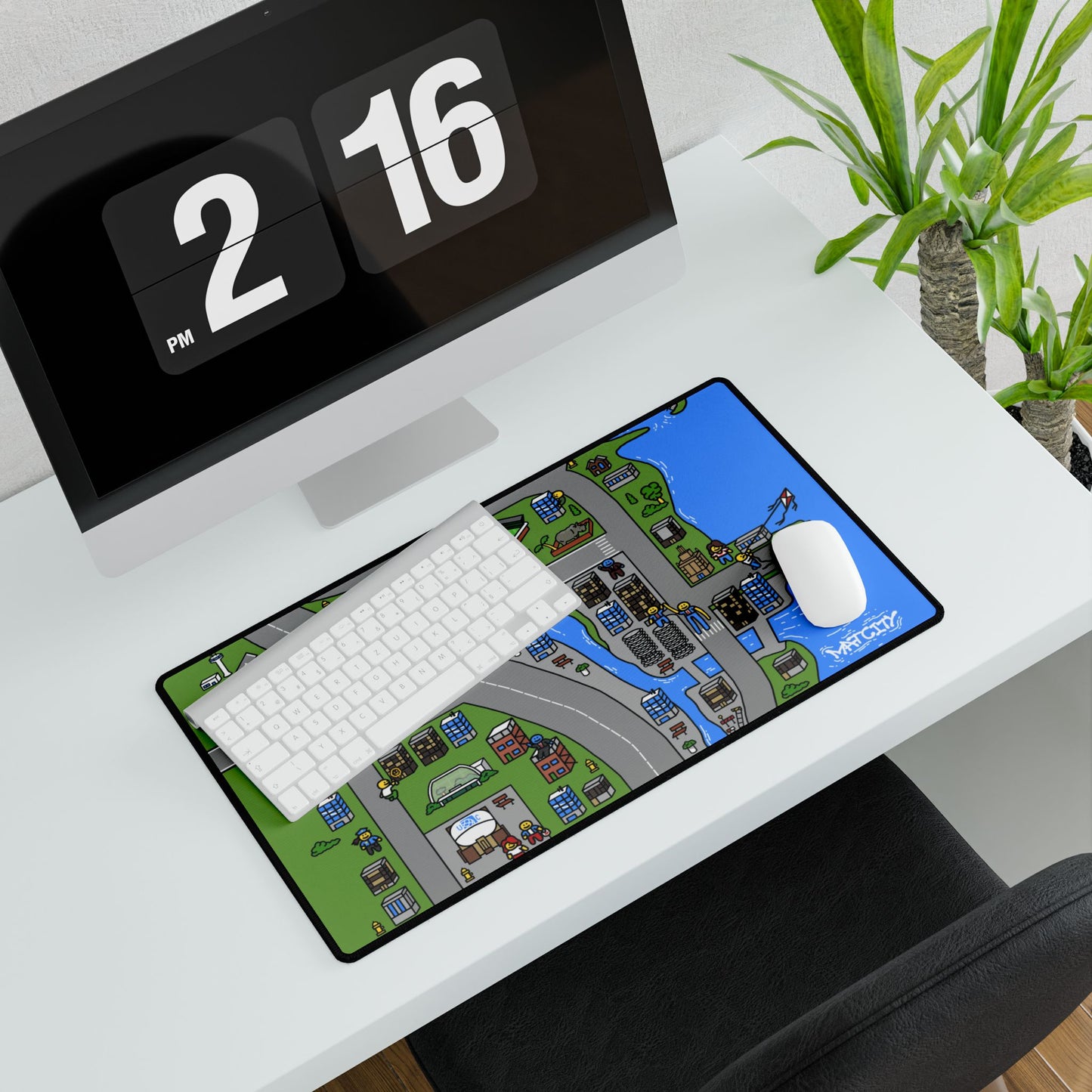 A medium Matcity Chicago mouse pad on a desk setup with a keyboard, mouse, and modern decor.