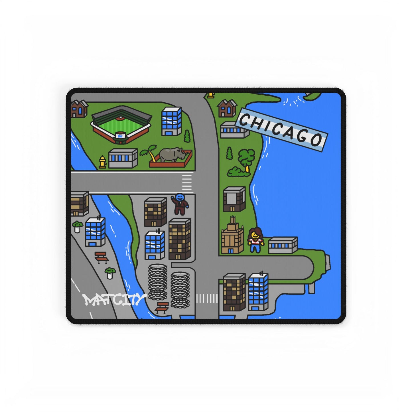 A close-up of the small Matcity Chicago mouse pad, highlighting the Chicago sign, sports stadium.