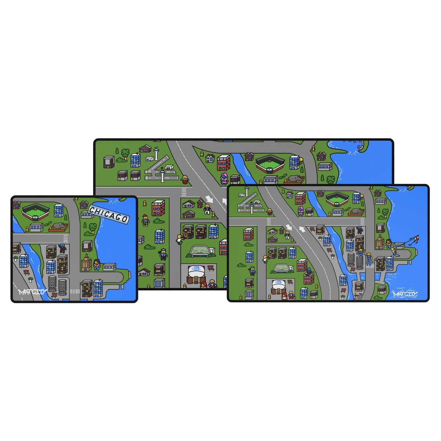 A set of three Matcity Chicago mouse pads in different sizes, displaying an illustrated cityscape with streets, buildings, and landmarks.