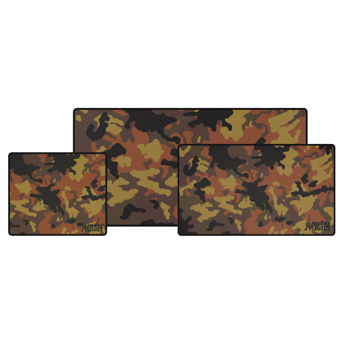 Three Fall camouflage patterned mouse pads on a white background