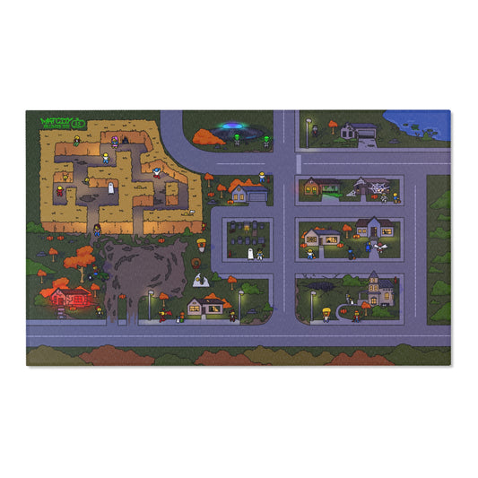 A Halloween-themed play mat featuring a spooky town with trick-or-treaters, haunted houses, a corn maze, and eerie glowing lights.