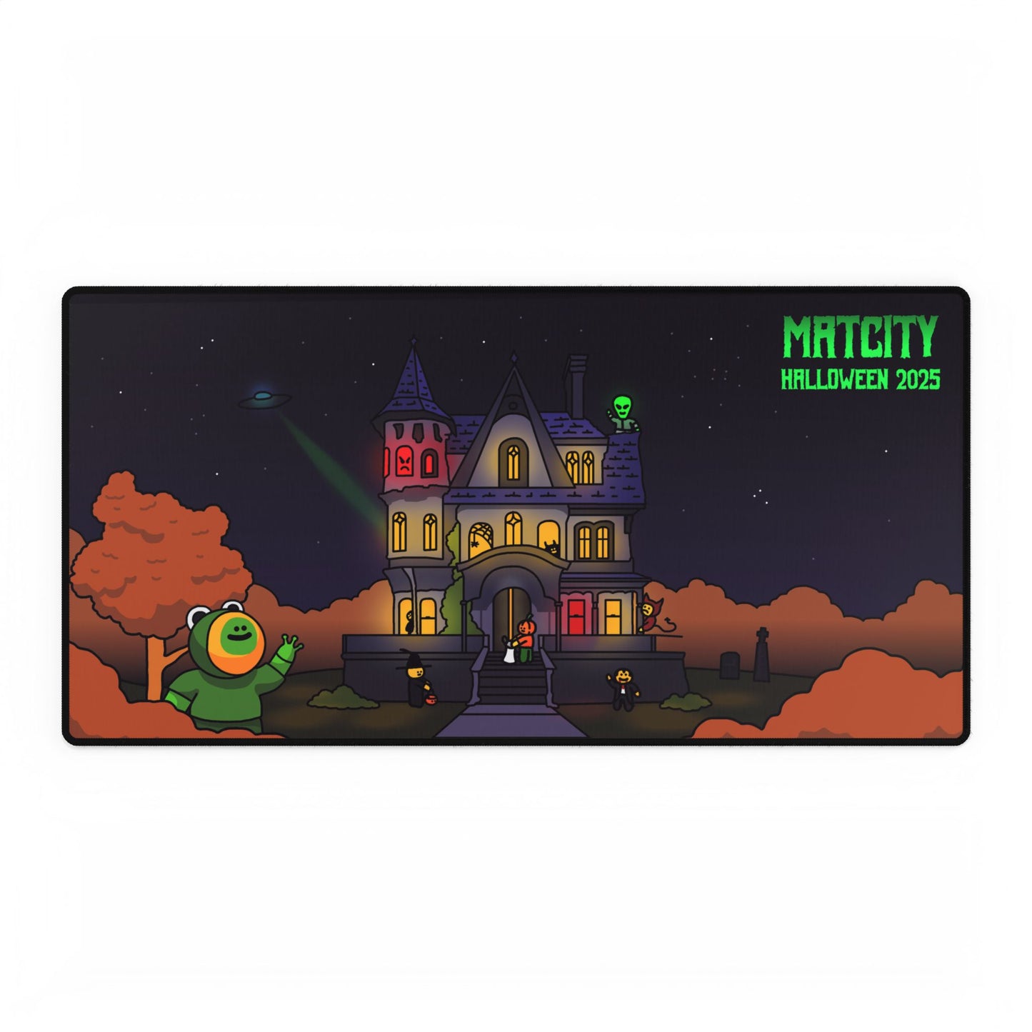 Close-up of the large Matcity Halloween 2025 Mouse Pad featuring a haunted house, UFO beam, and trick-or-treaters under a starry night sky.