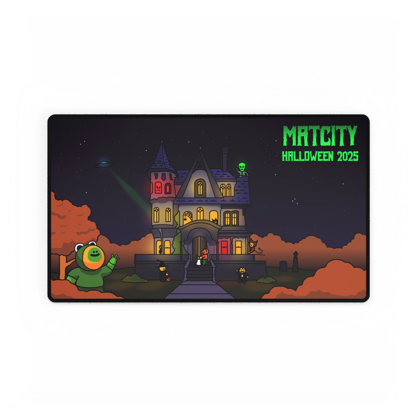Medium-sized Matcity Halloween 2025 Mouse Pad with a spooky mansion, jack-o’-lanterns, and glowing red and yellow windows.