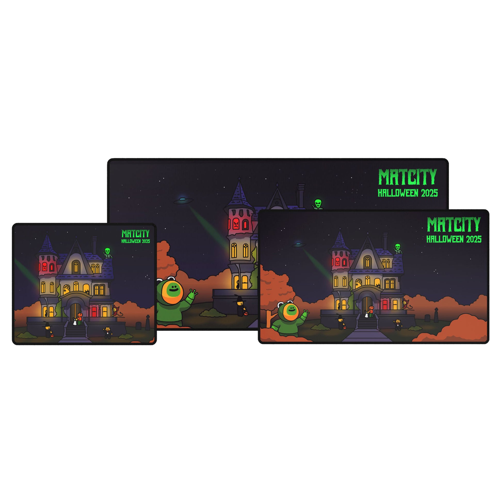 Three Matcity Halloween 2025 Mouse Pads in different sizes, each showing a glowing haunted mansion scene with orange trees and Halloween lights.