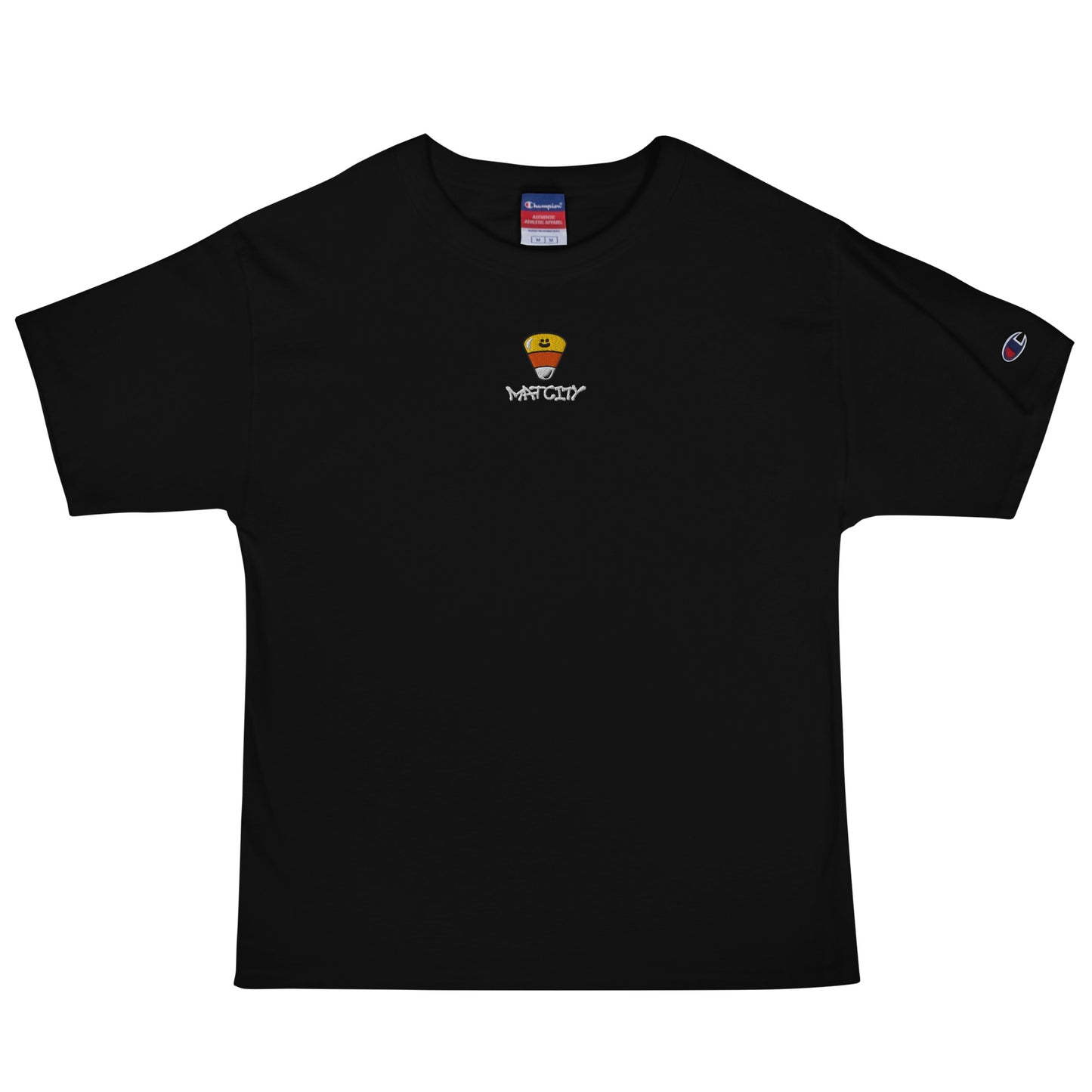 A black short-sleeve T-shirt with a small embroidered candy corn and Matcity graffiti logo centered on the chest, and a Champion logo on the sleeve.