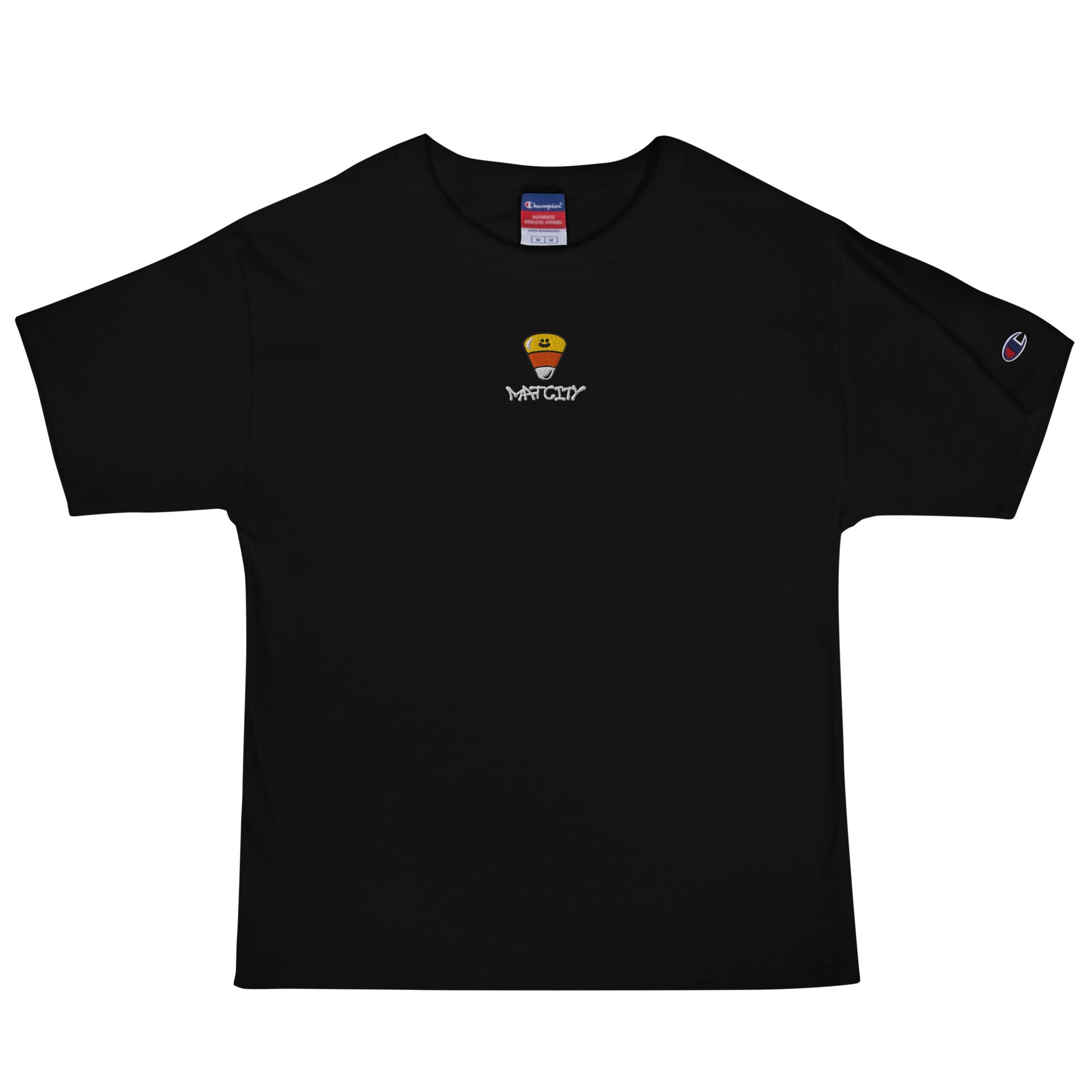 A black short-sleeve T-shirt with a small embroidered candy corn and Matcity graffiti logo centered on the chest, and a Champion logo on the sleeve.