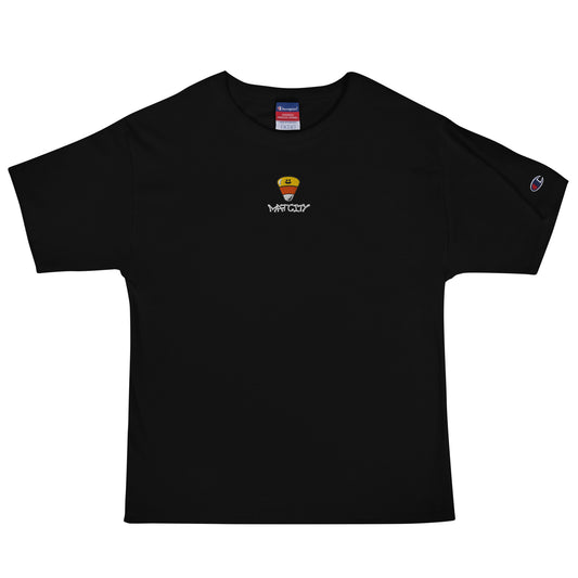 A black short-sleeve T-shirt with a small embroidered candy corn and Matcity graffiti logo centered on the chest, and a Champion logo on the sleeve.