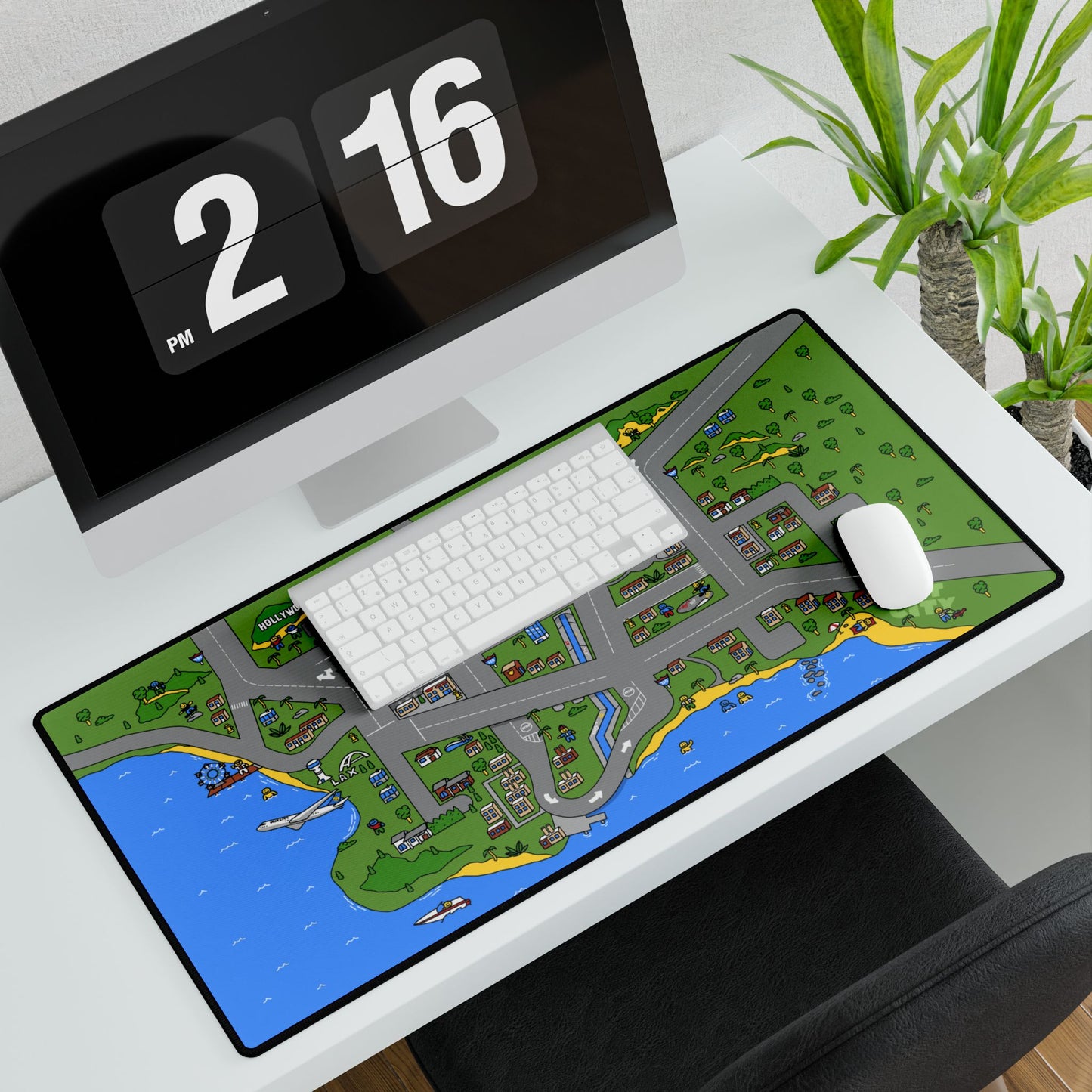 A large Matcity Los Angeles mouse pad set up on a modern desk, placed under a keyboard and mouse for an immersive workspace.