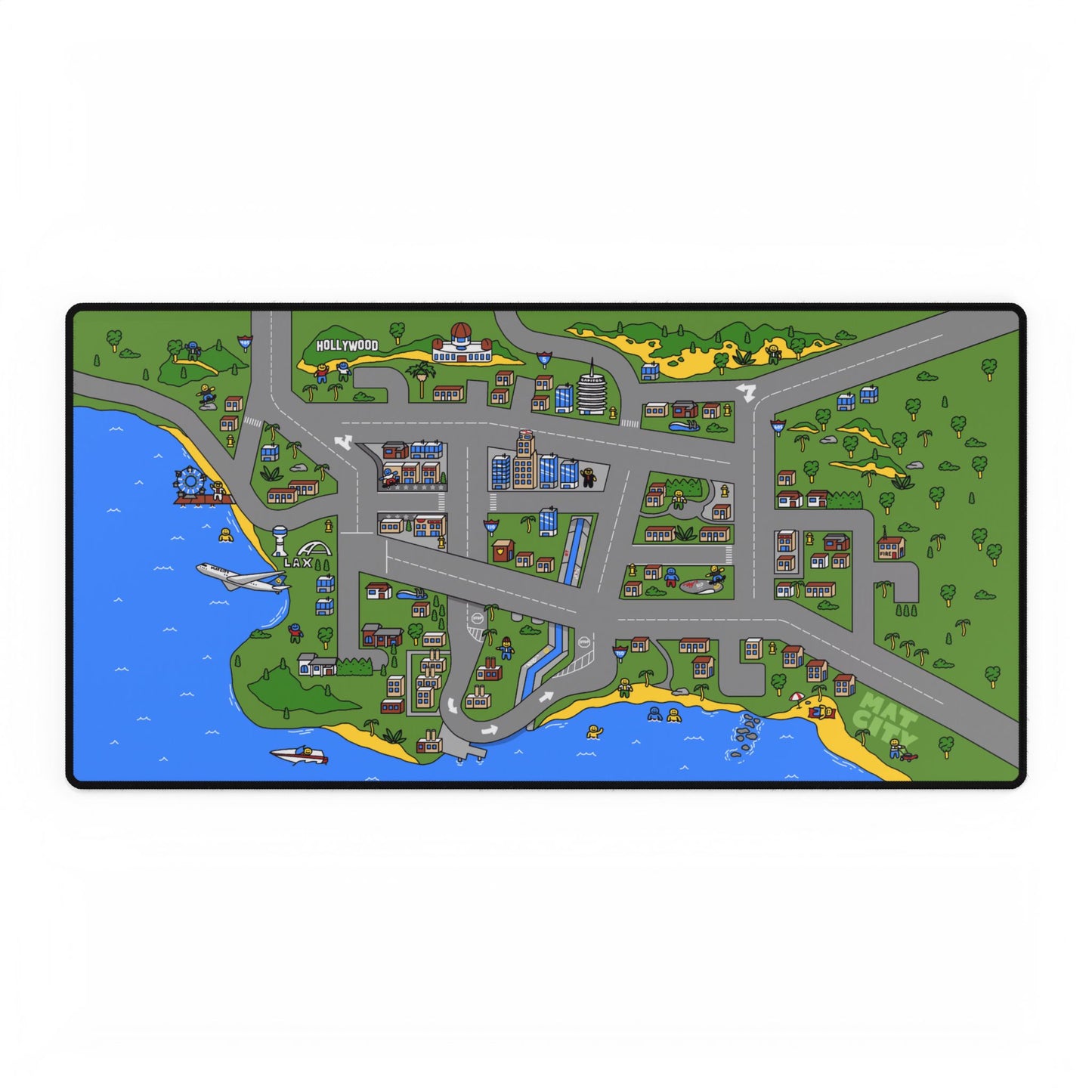 A large desk mouse pad showcasing the full Matcity Los Angeles map, including coastal roads, city buildings, and green hills.