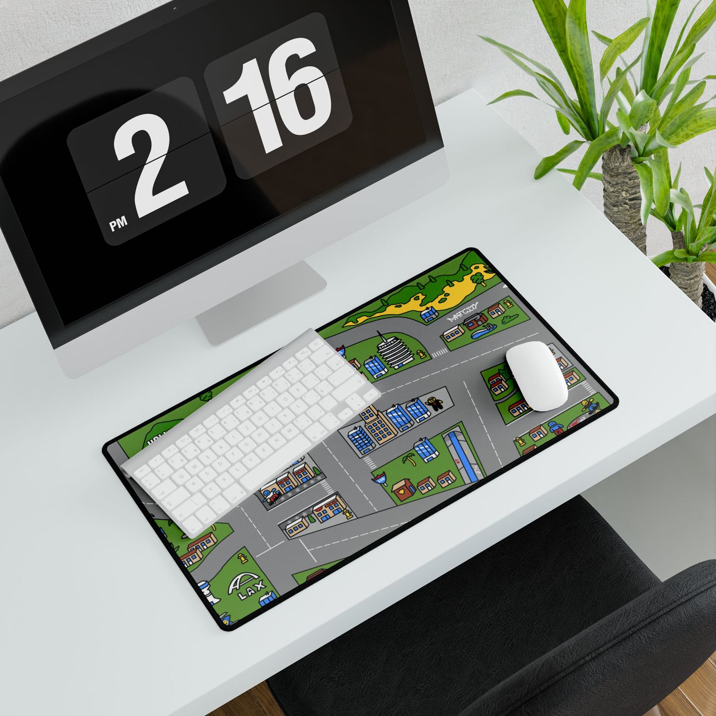 A mid-sized Matcity Los Angeles mouse pad on a workspace, with a keyboard and mouse on top, blending gaming and city-inspired aesthetics.