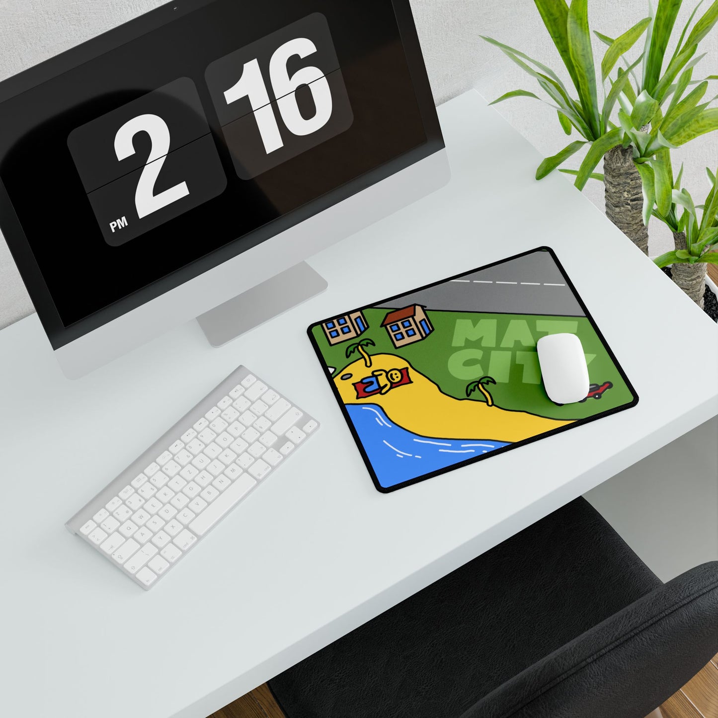 A small Matcity Los Angeles mouse pad on a desk setup, with a focus on its coastal beachside details.