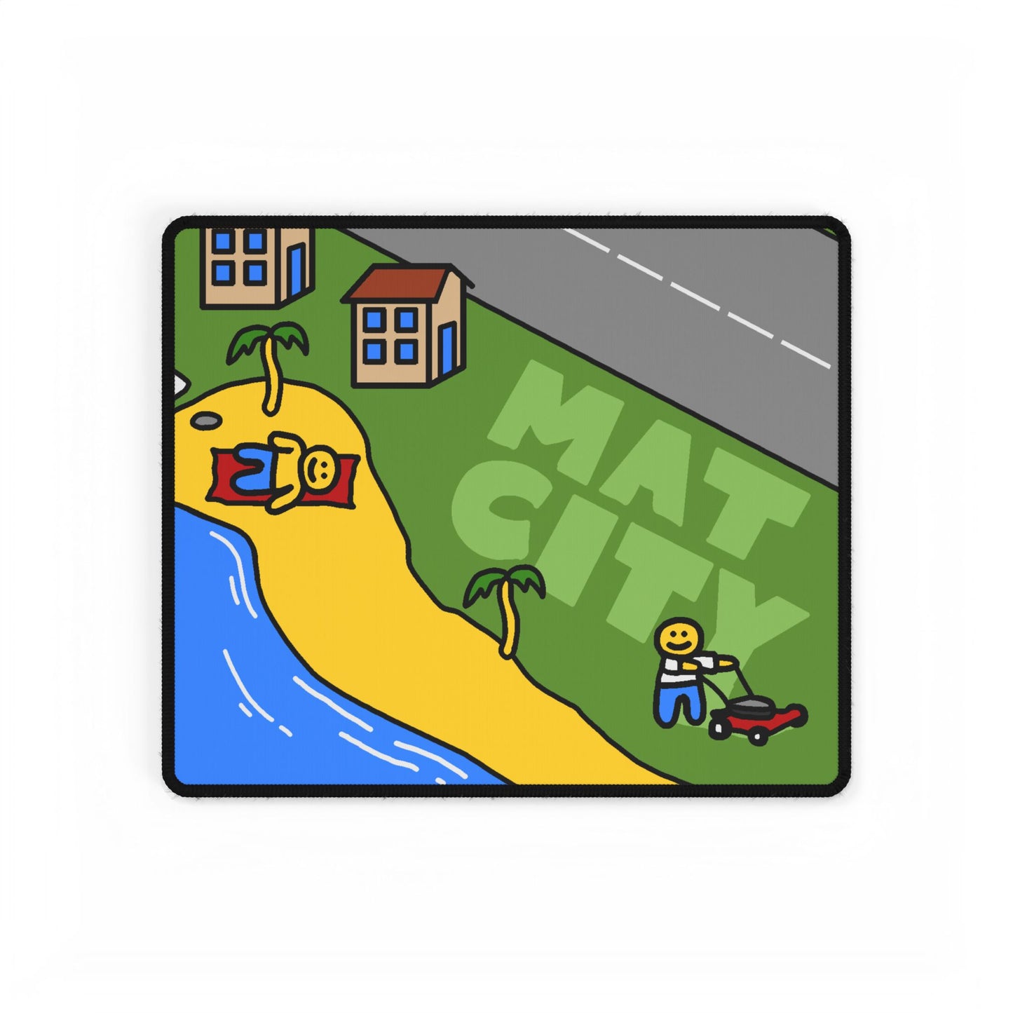 A compact Matcity Los Angeles mouse pad featuring a section with a beach, palm trees, and a mini Matcity logo.