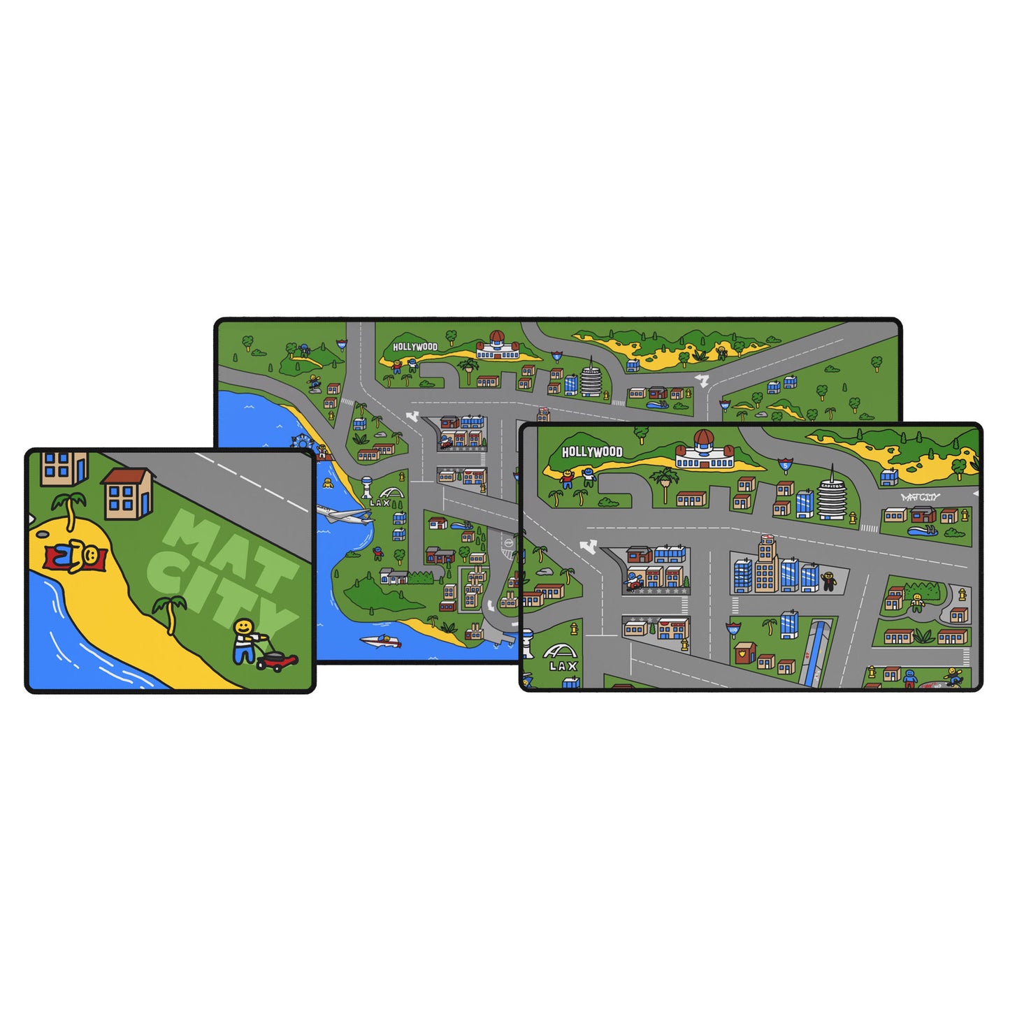A set of three Matcity Los Angeles mouse pads, each featuring a vibrant cityscape with roads, beaches, and iconic landmarks like Hollywood and LAX.