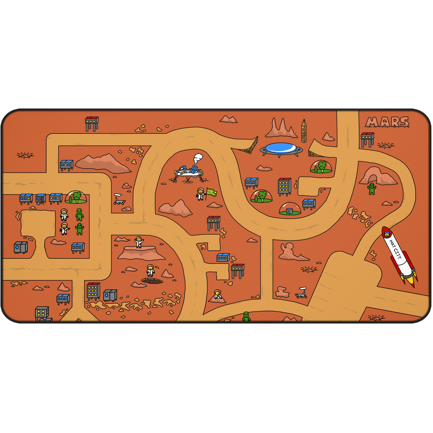 A top-down view of the Matcity Mars Mouse Mat Large, showcasing its bright red landscape design, featuring Martian buildings, pathways, and a rocket labeled "Matcity."