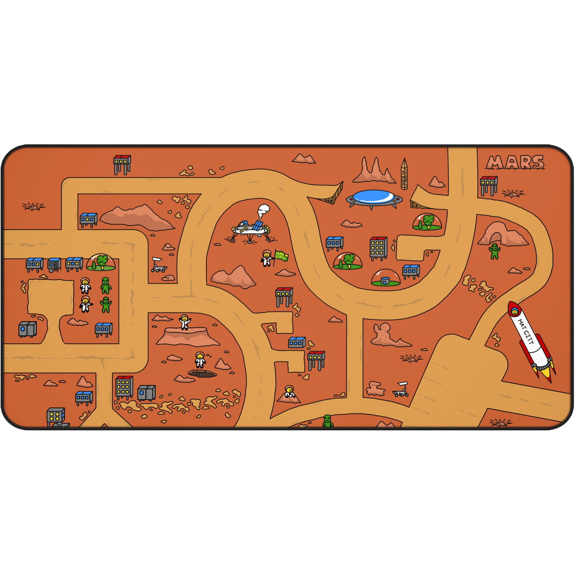 A top-down view of the Matcity Mars Mouse Mat Large, showcasing its bright red landscape design, featuring Martian buildings, pathways, and a rocket labeled "Matcity."