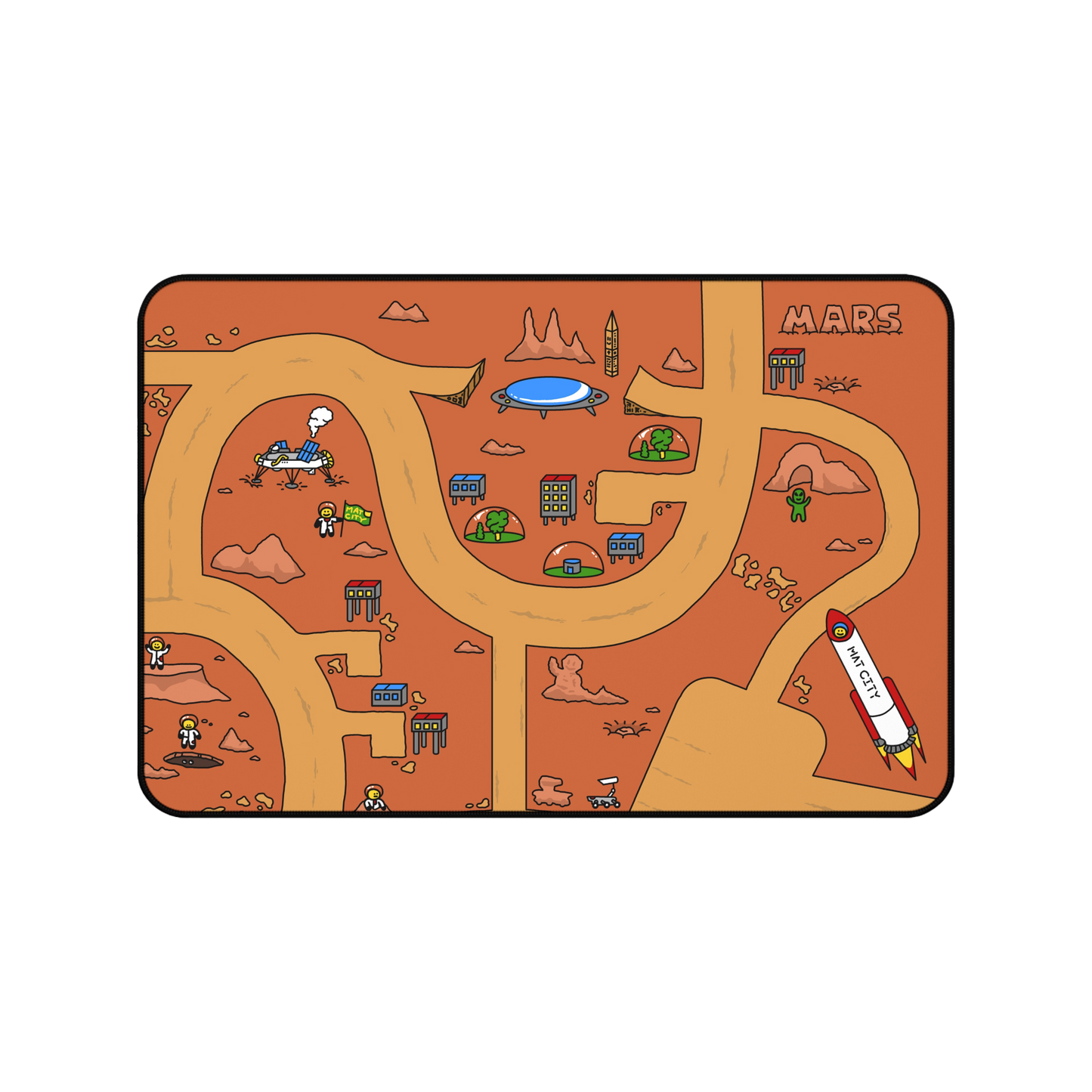 A top-down view of the Matcity Mars Mouse Mat Medium. The design showcases a fictional Mars city with buildings, roads, a rocket labeled "Matcity," and space exploration elements on a red Martian landscape.