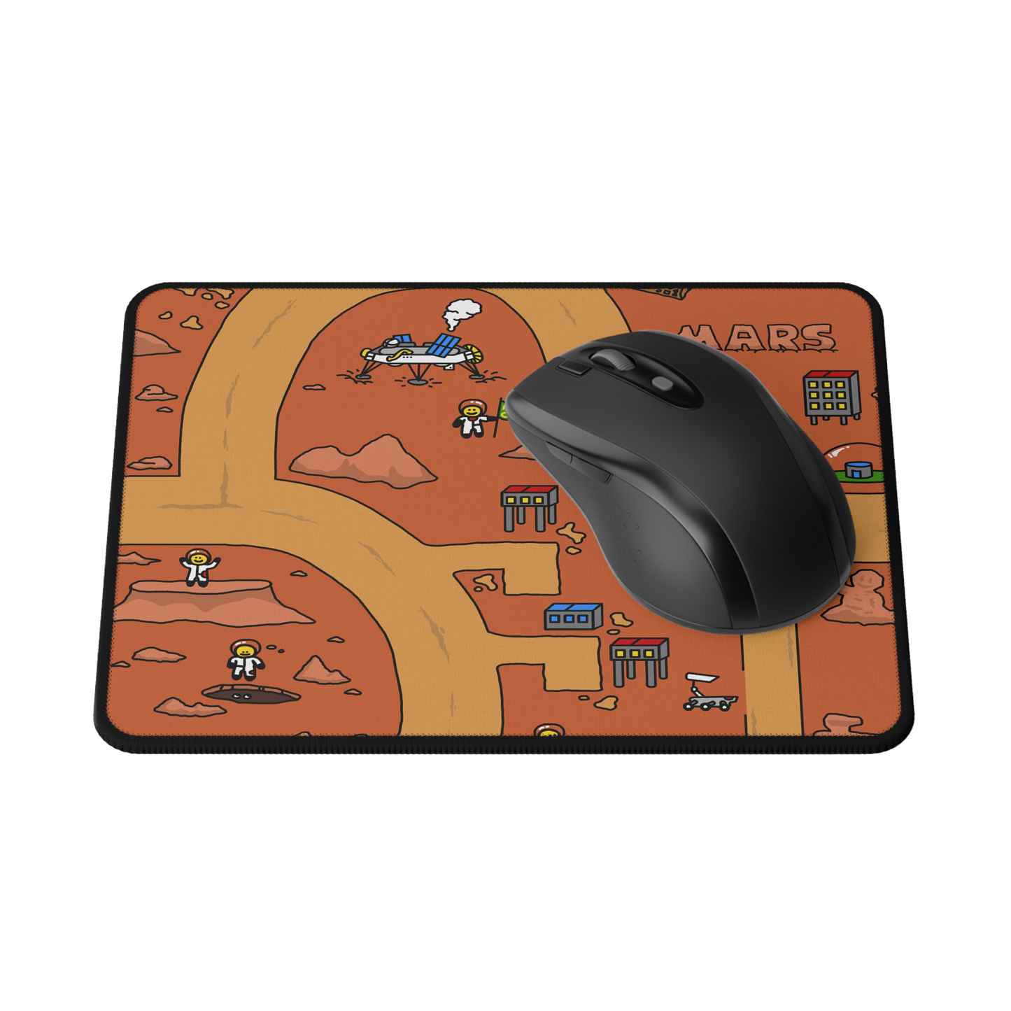 A close-up view of the Matcity Mars Mouse Mat Small with a black mouse on top, showing the detailed, playful astronaut and space theme.