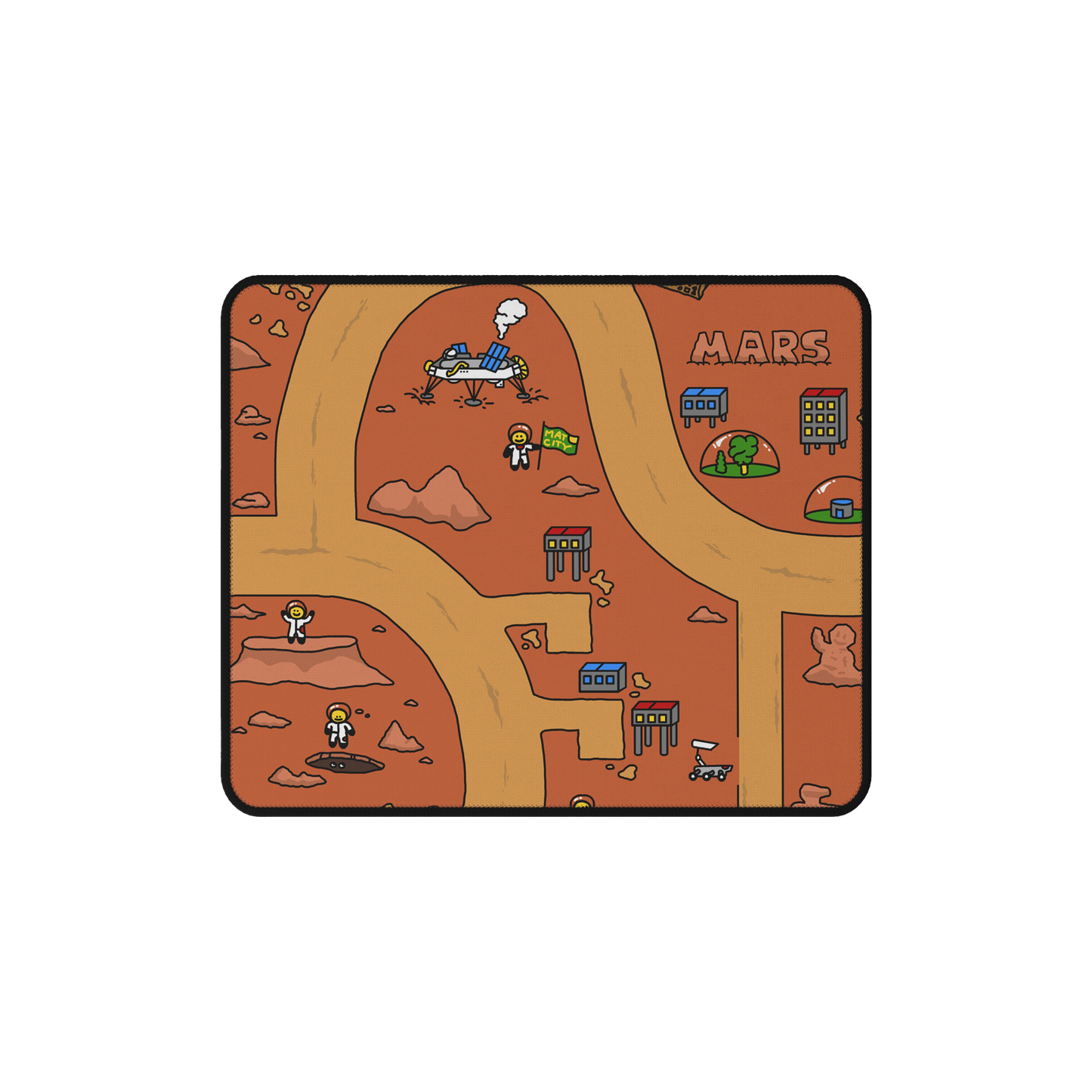A top-down view of the Matcity Mars Mouse Mat Small, featuring a playful design with astronauts, rovers, and Martian landscapes in vibrant red tones.