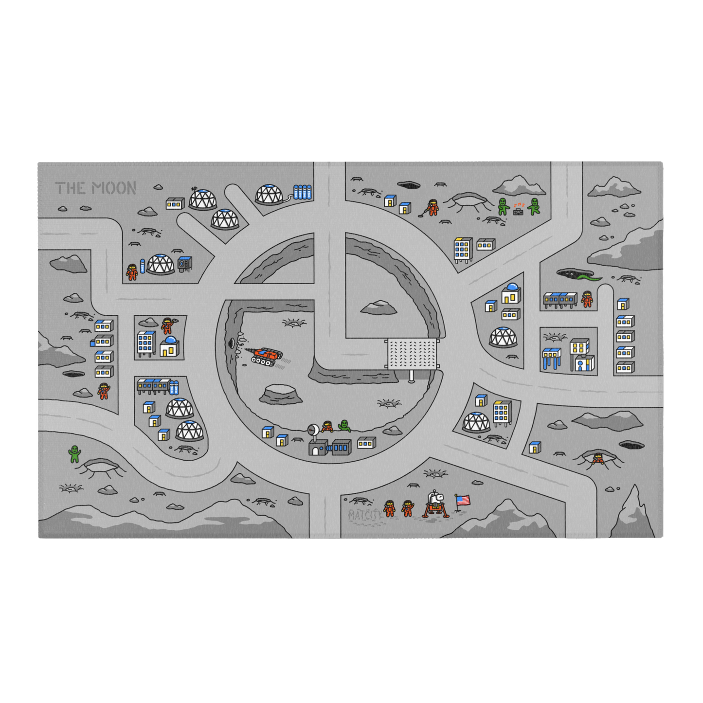 A top-down view of the Matcity Moon Mat. The design features roads, domes, and astronauts on a lunar base with a grayscale color scheme, accented by blue and white buildings.