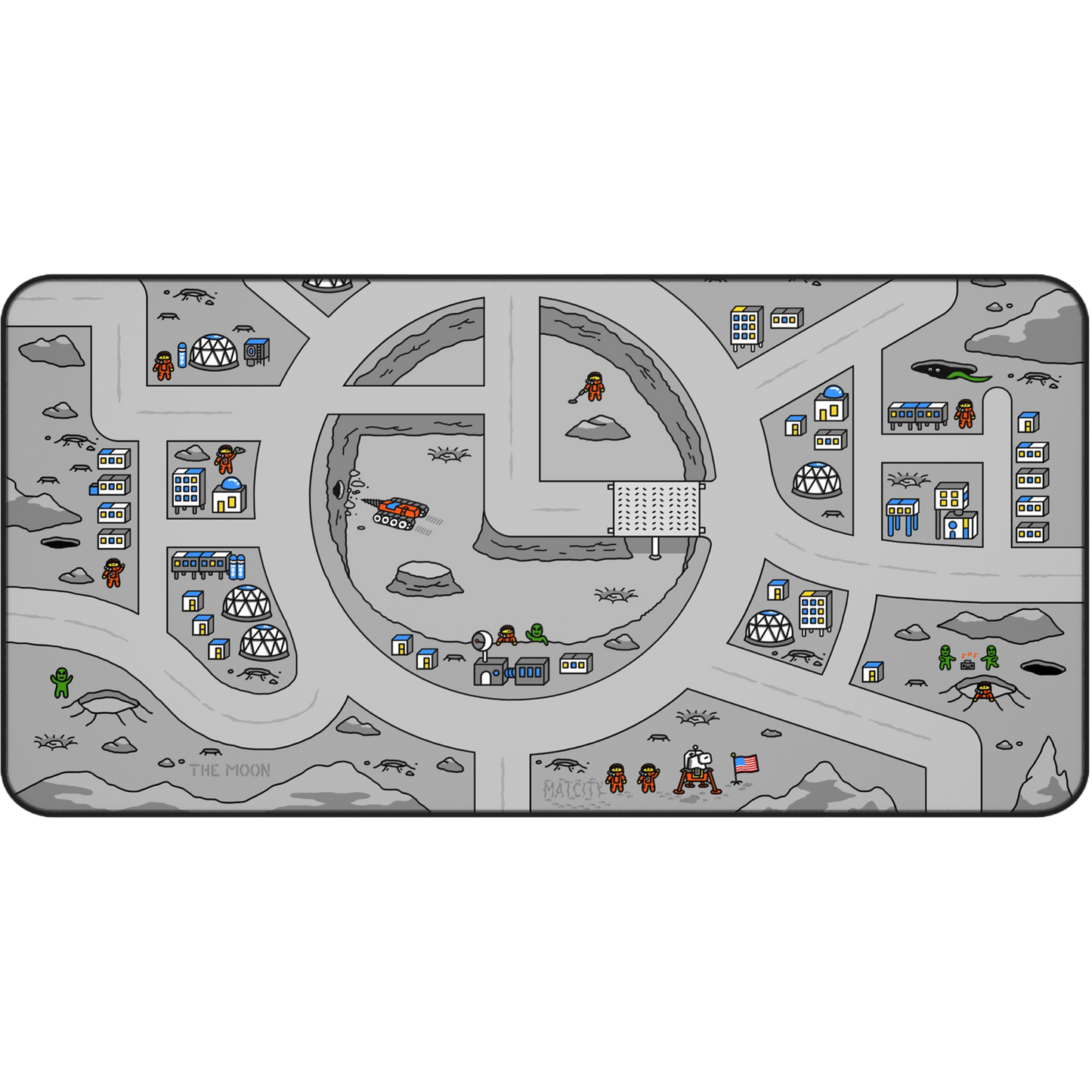 Overhead view of the Matcity Moon Mat Large, showcasing a lunar base with domes, astronauts, and futuristic buildings set on a gray, cratered landscape.