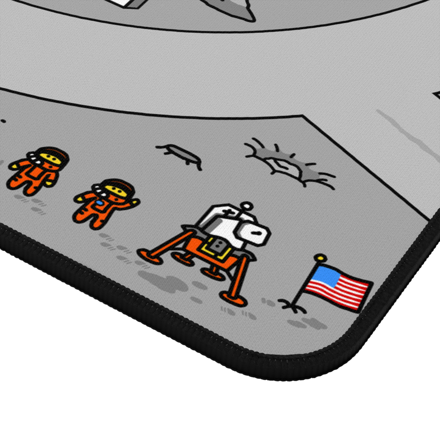 Close-up corner of the Matcity Moon Mouse Mat Medium showing fine details of the stitching and a scene with astronauts and lunar landers.