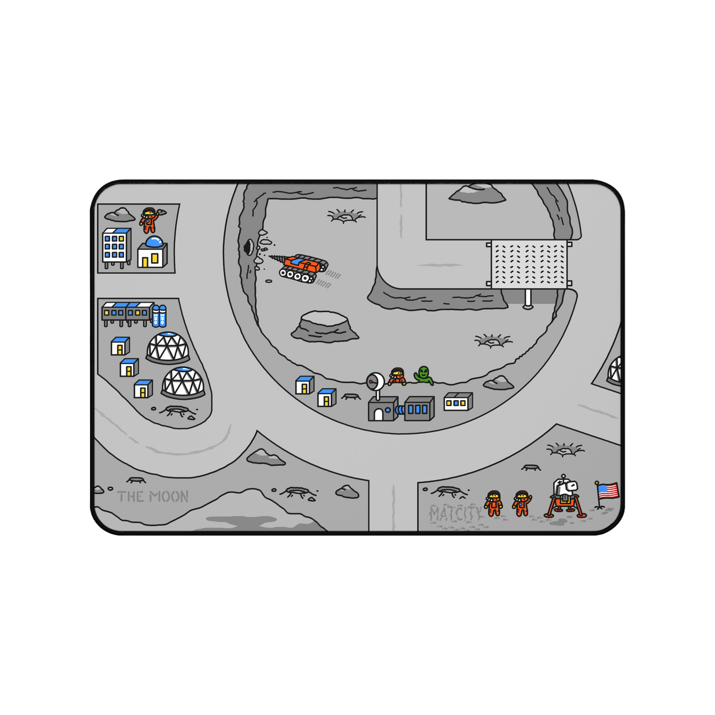Overhead view of the Matcity Moon Mouse Mat Medium, featuring lunar terrain, habitats, astronauts, and space vehicles. The mat showcases playful, futuristic elements related to space exploration.