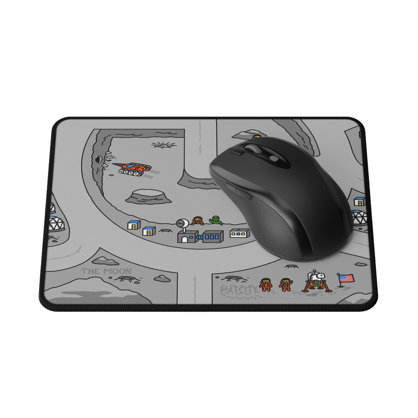 Matcity Mouse Mat Small with a black wireless mouse on top, highlighting its functional size and moon-themed graphic.