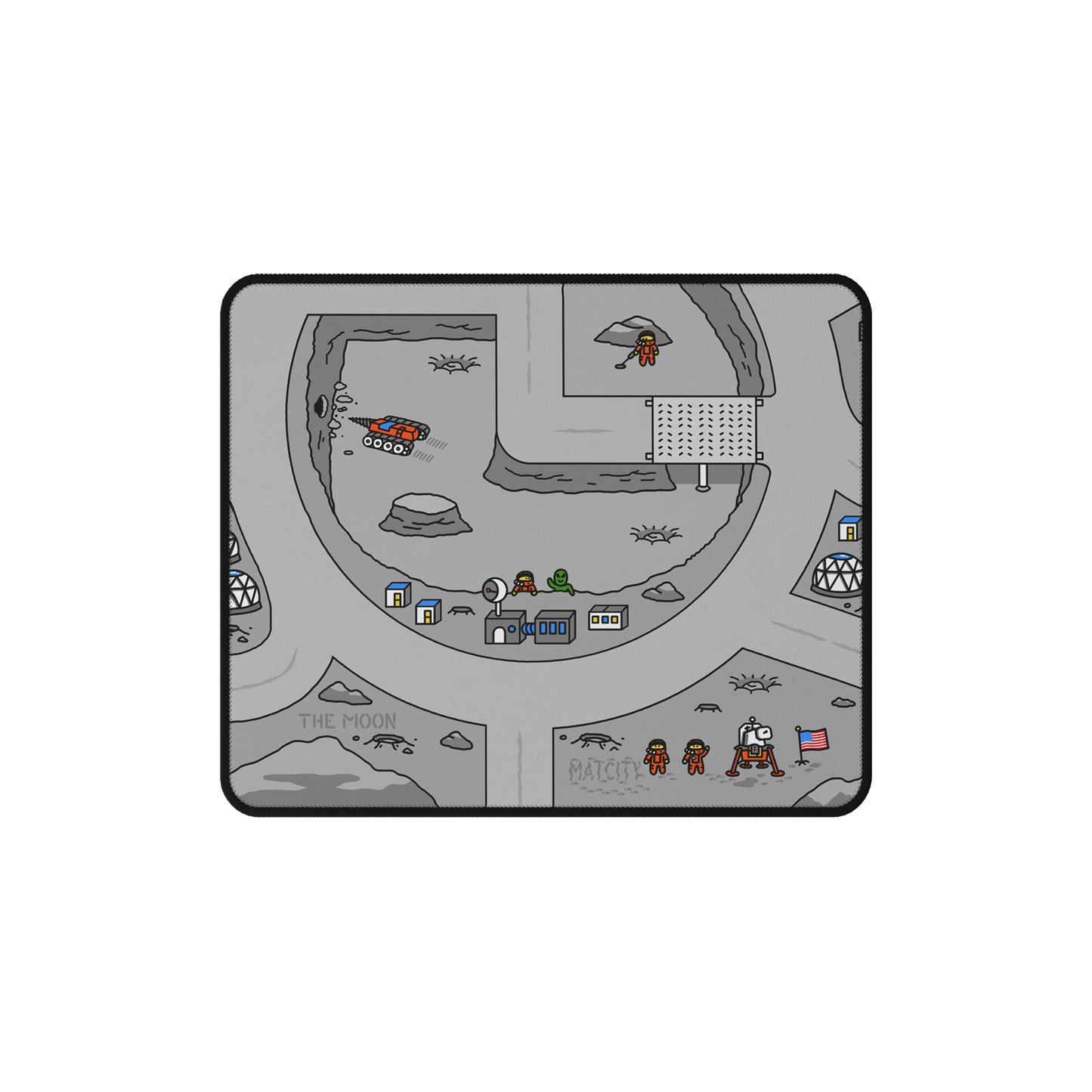 Matcity Mouse Mat Small with a unique lunar base design, featuring small buildings, astronauts, and a space rover on the moon’s surface.