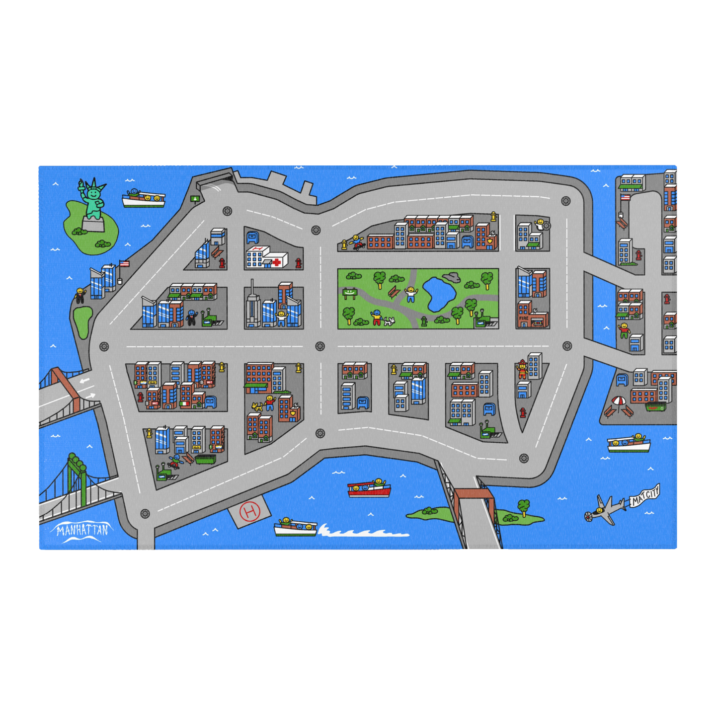 A full view of the Matcity New York Mat, showcasing a vibrant cityscape with roads, rivers, bridges, buildings, and green spaces in playful blue, gray, and green hues.