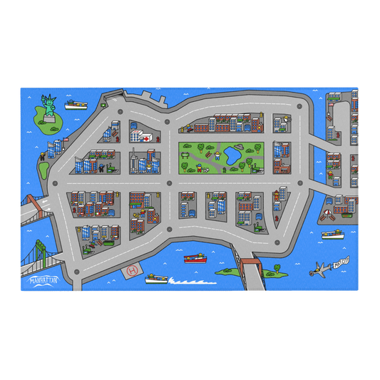 A full view of the Matcity New York Mat, showcasing a vibrant cityscape with roads, rivers, bridges, buildings, and green spaces in playful blue, gray, and green hues.