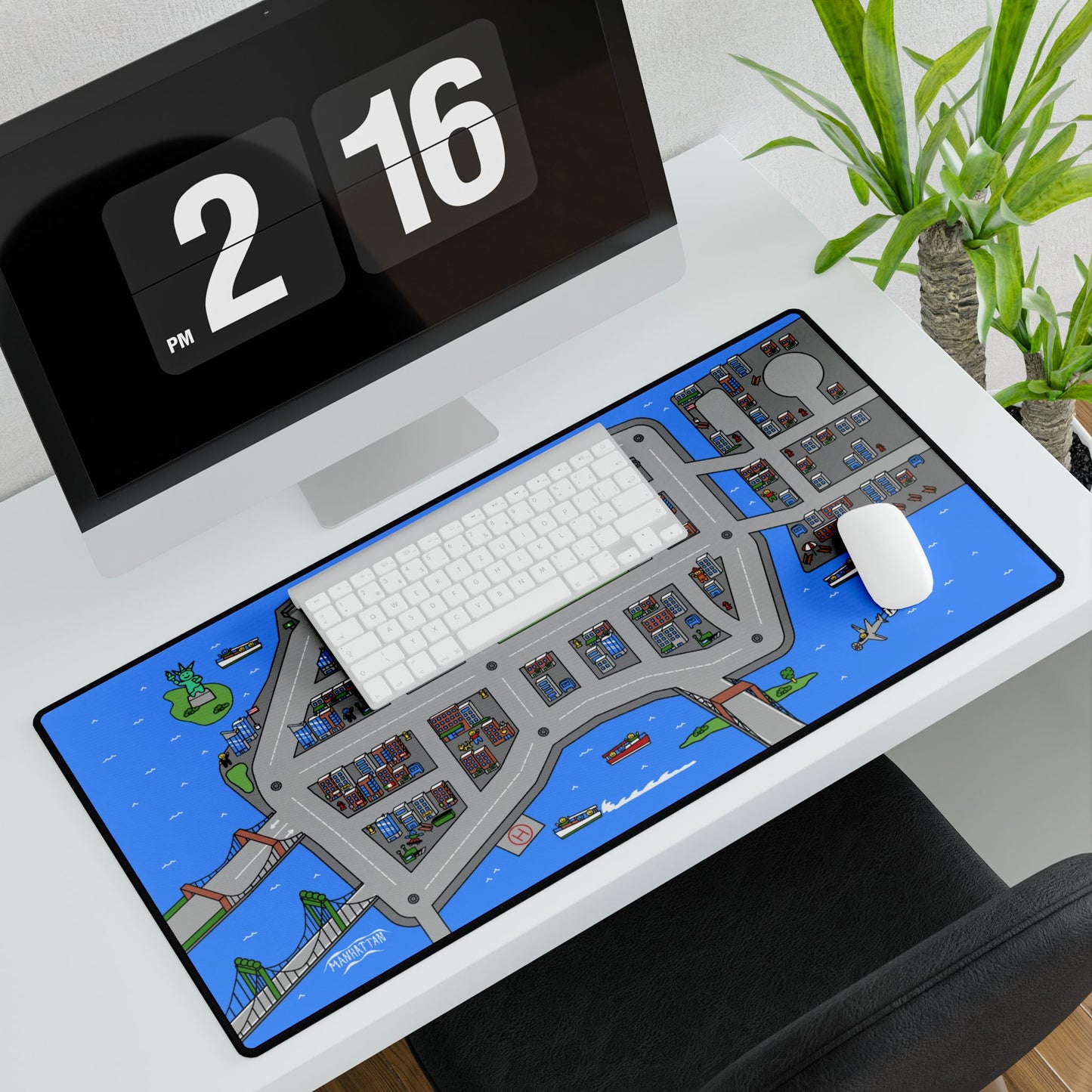 A Matcity New York Large Mouse Pad placed on a modern white desk, under a keyboard and mouse, displaying the full cityscape design.
