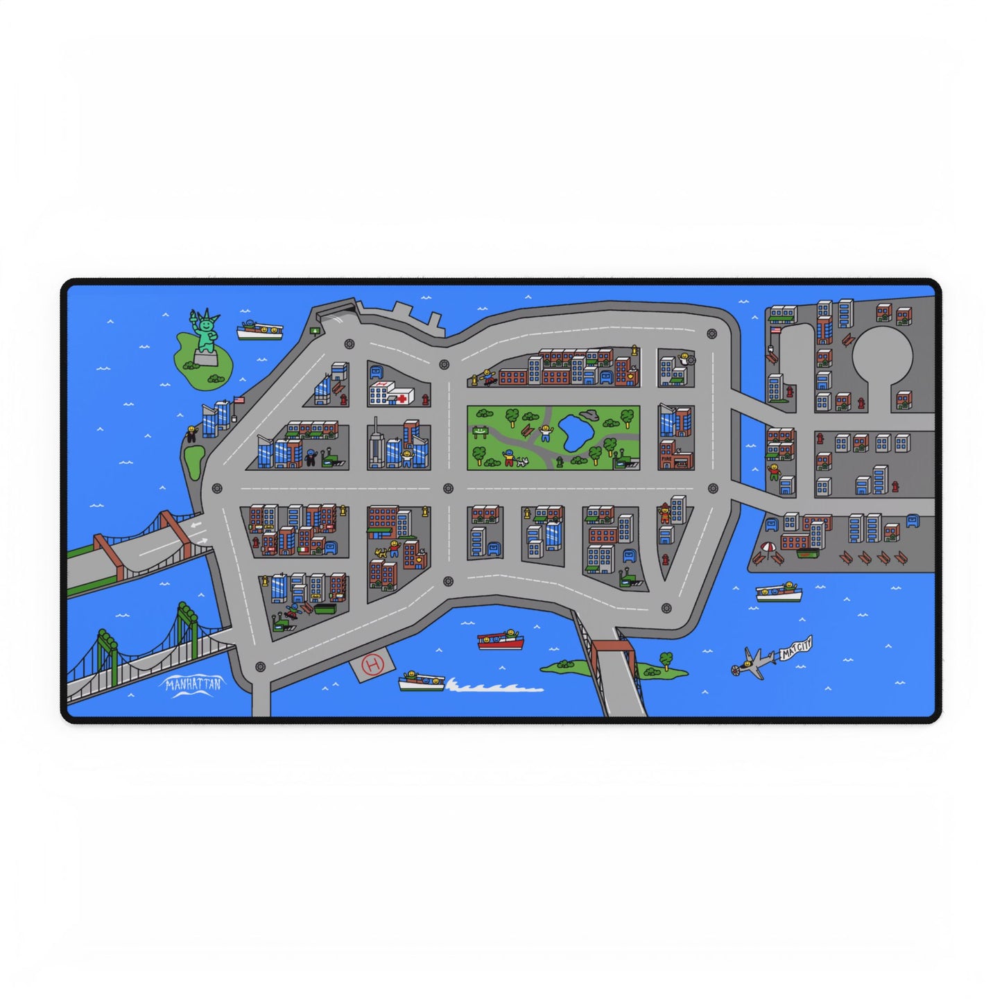 A top-down view of the Matcity New York Large Mouse Pad, showcasing an illustrated map of Manhattan with skyscrapers, bridges, parks, and the waterfront.