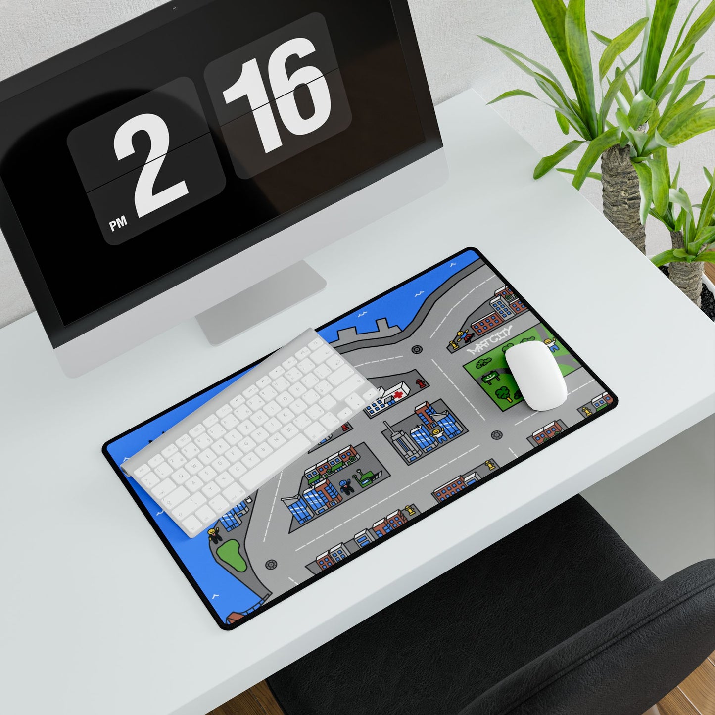 A Matcity New York Medium Mouse Pad under a keyboard and mouse on a white desk, showing a section of the Manhattan-inspired design.