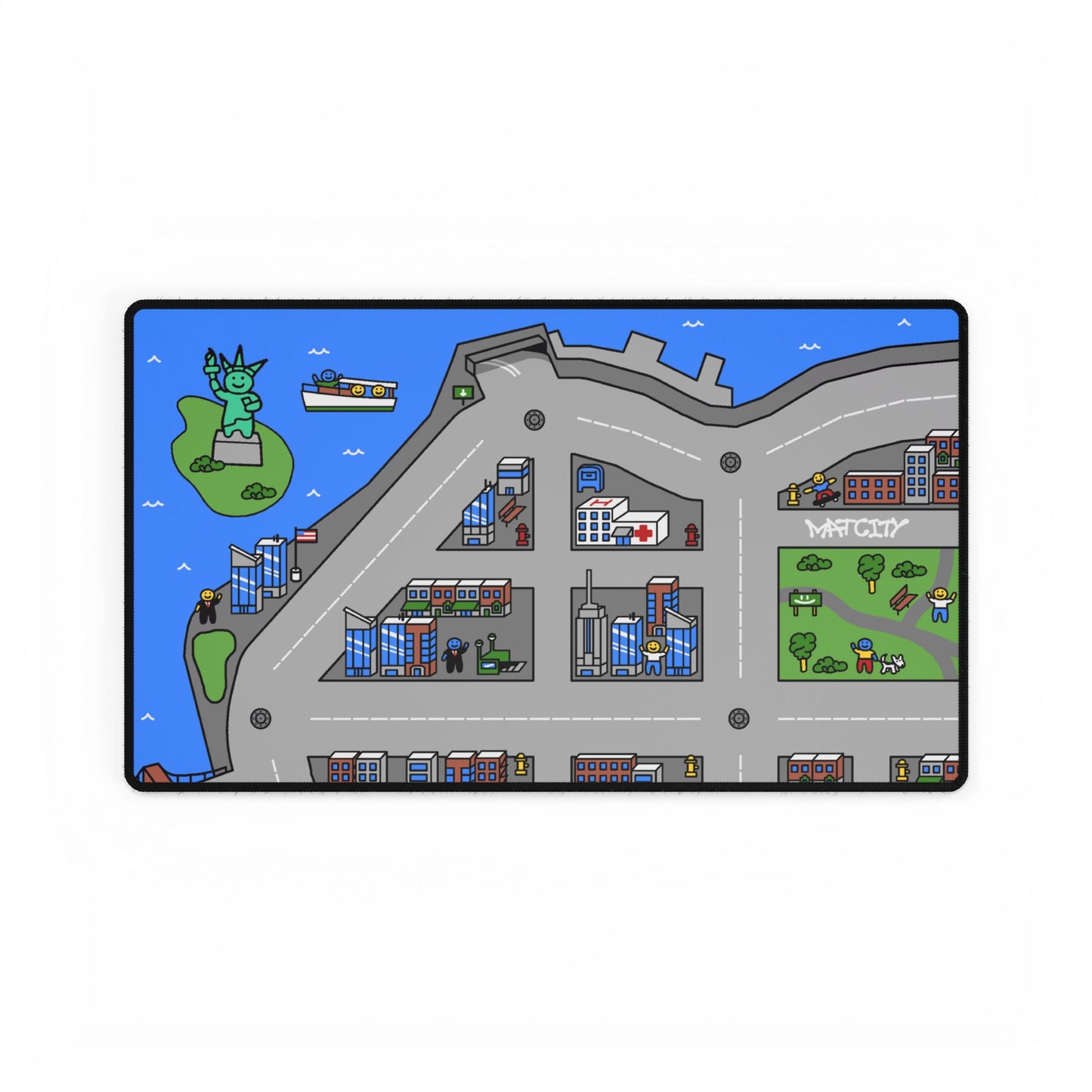 A close-up of the Matcity New York Medium Mouse Pad, highlighting a portion of the city, featuring roads, buildings, and the Statue of Liberty on a small island.