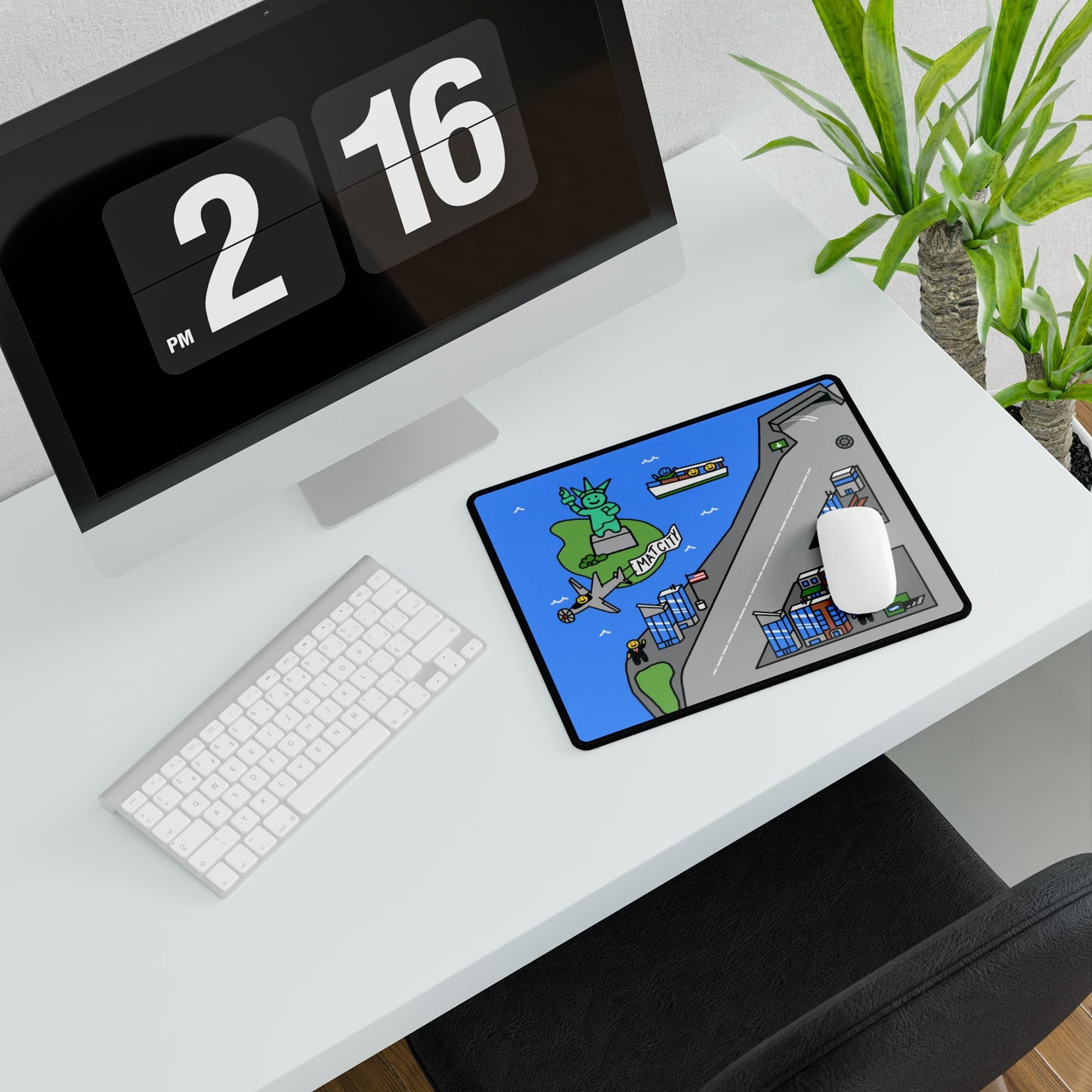 A Matcity New York Small Mouse Pad next to a keyboard and mouse, displaying a zoomed-in area of the illustrated city.