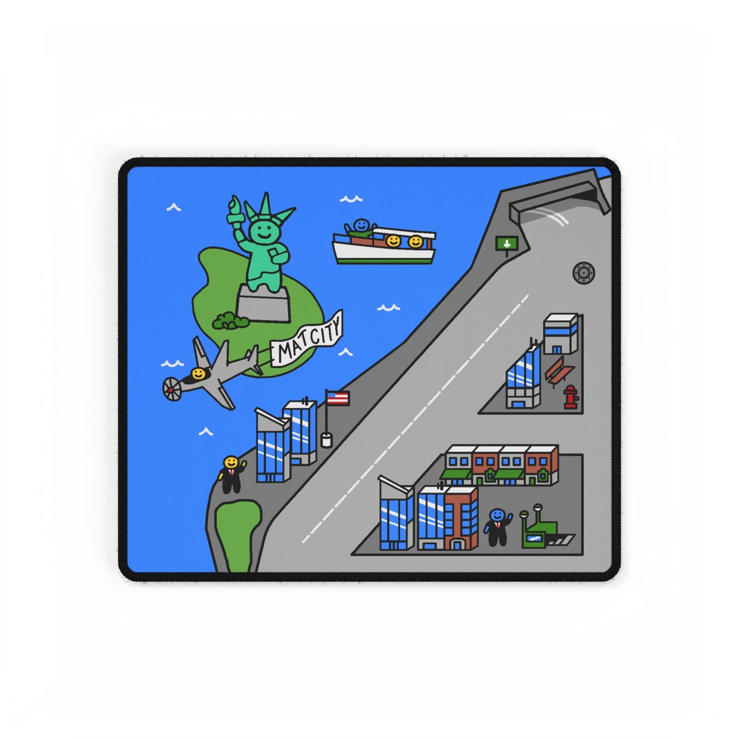 A focused view of the Matcity New York Small Mouse Pad, featuring a compact section of the illustrated city, with skyscrapers and boats in the water.